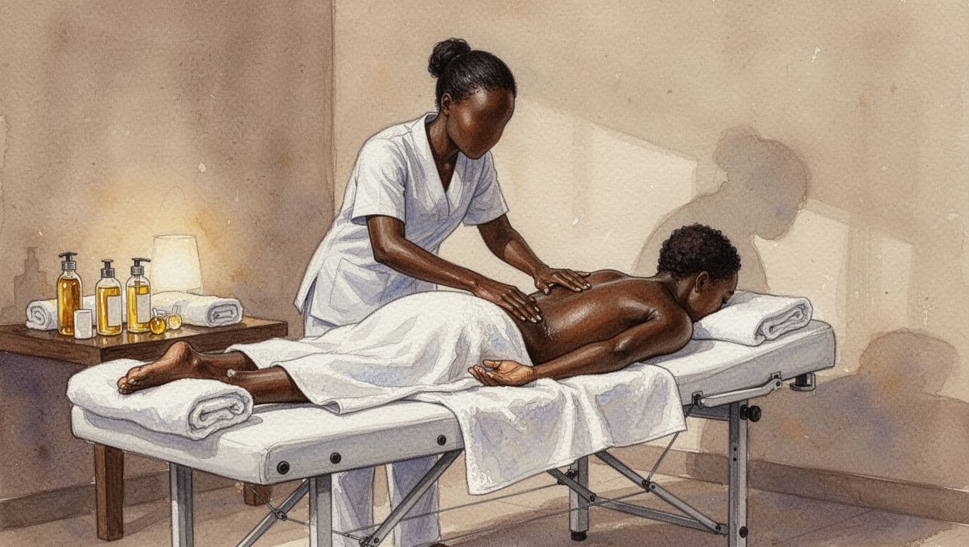 Client receives full body Swedish massage on table in cozy Nairobi spa room with towels and oils nearby, watercolor style.