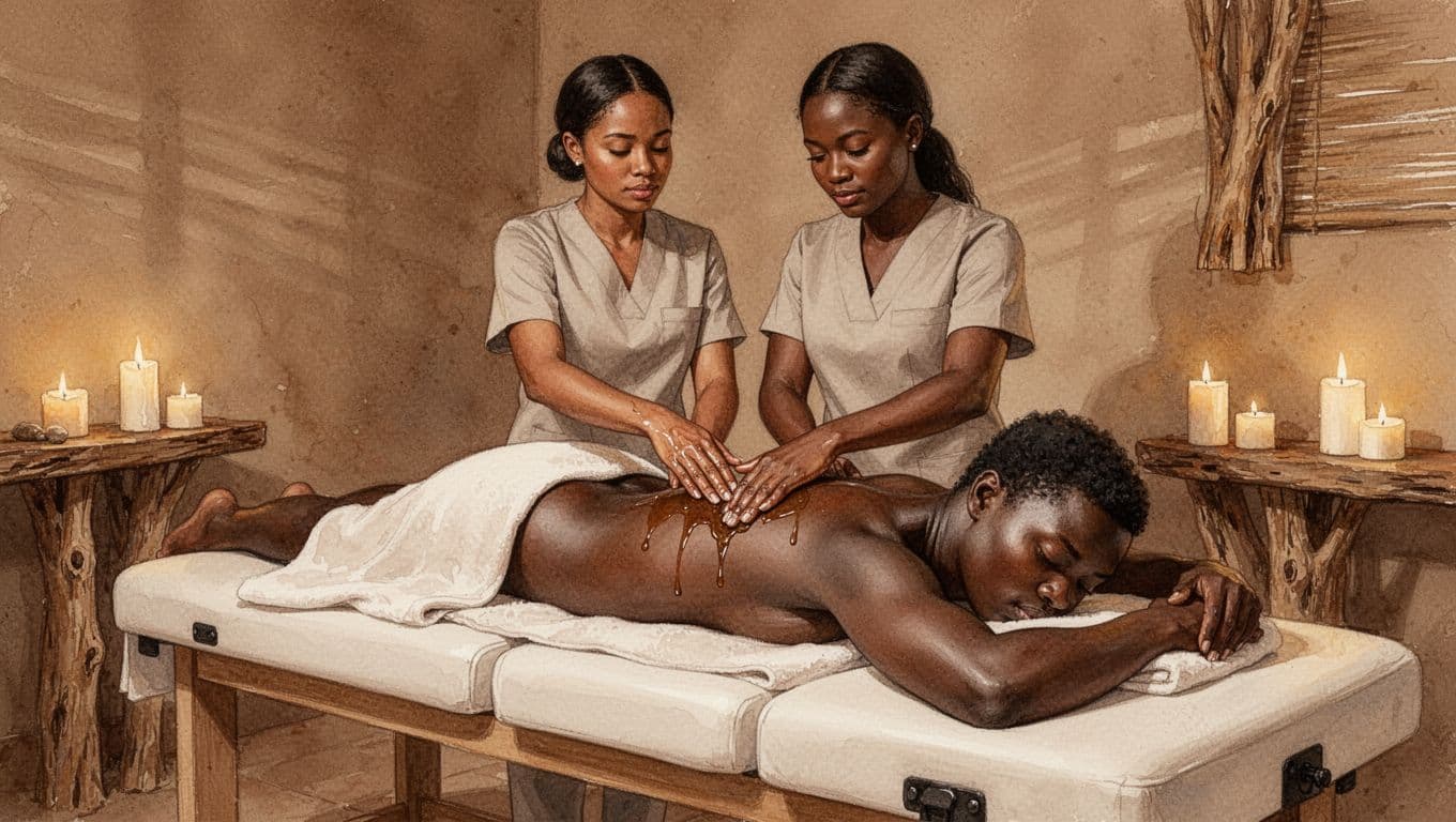 Female therapist glides oiled hands over client's back during Swedish massage on padded table in candle-lit Nairobi spa.