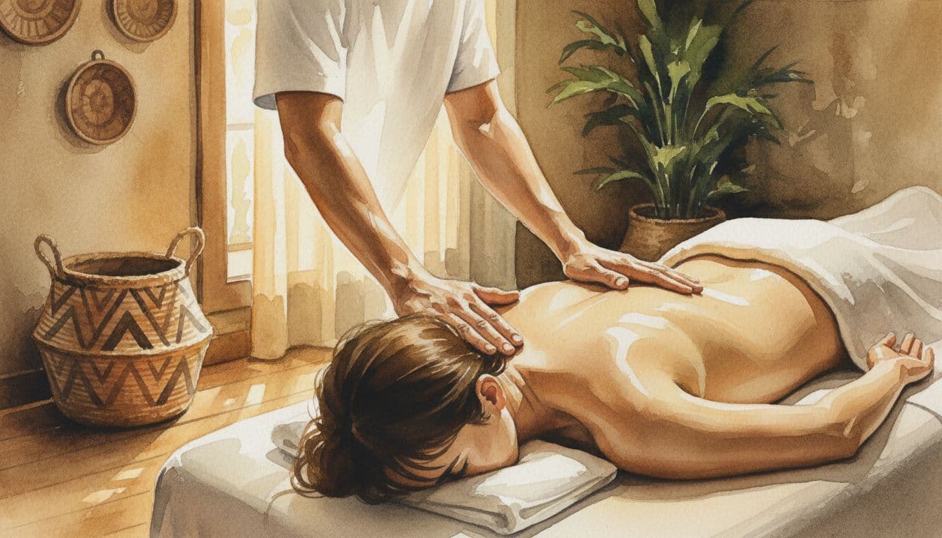 Nairobi Massage Therapist: How to Choose the Right Spa 2 Therapist's hands massage client's back on table in cozy spa with warm lighting and Kenyan baskets, watercolor style.