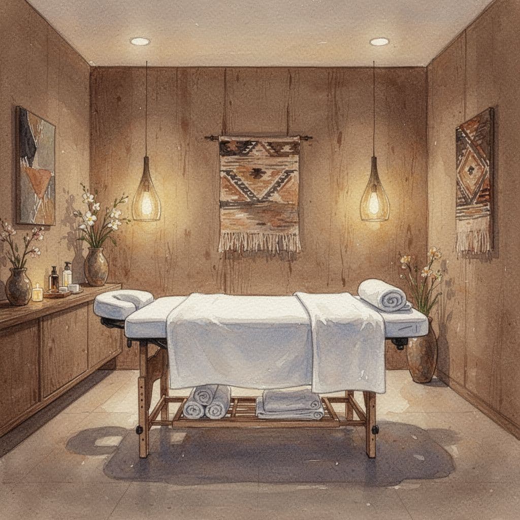 A tranquil massage room in a Nairobi spa features a professional table and soft ambient lighting.