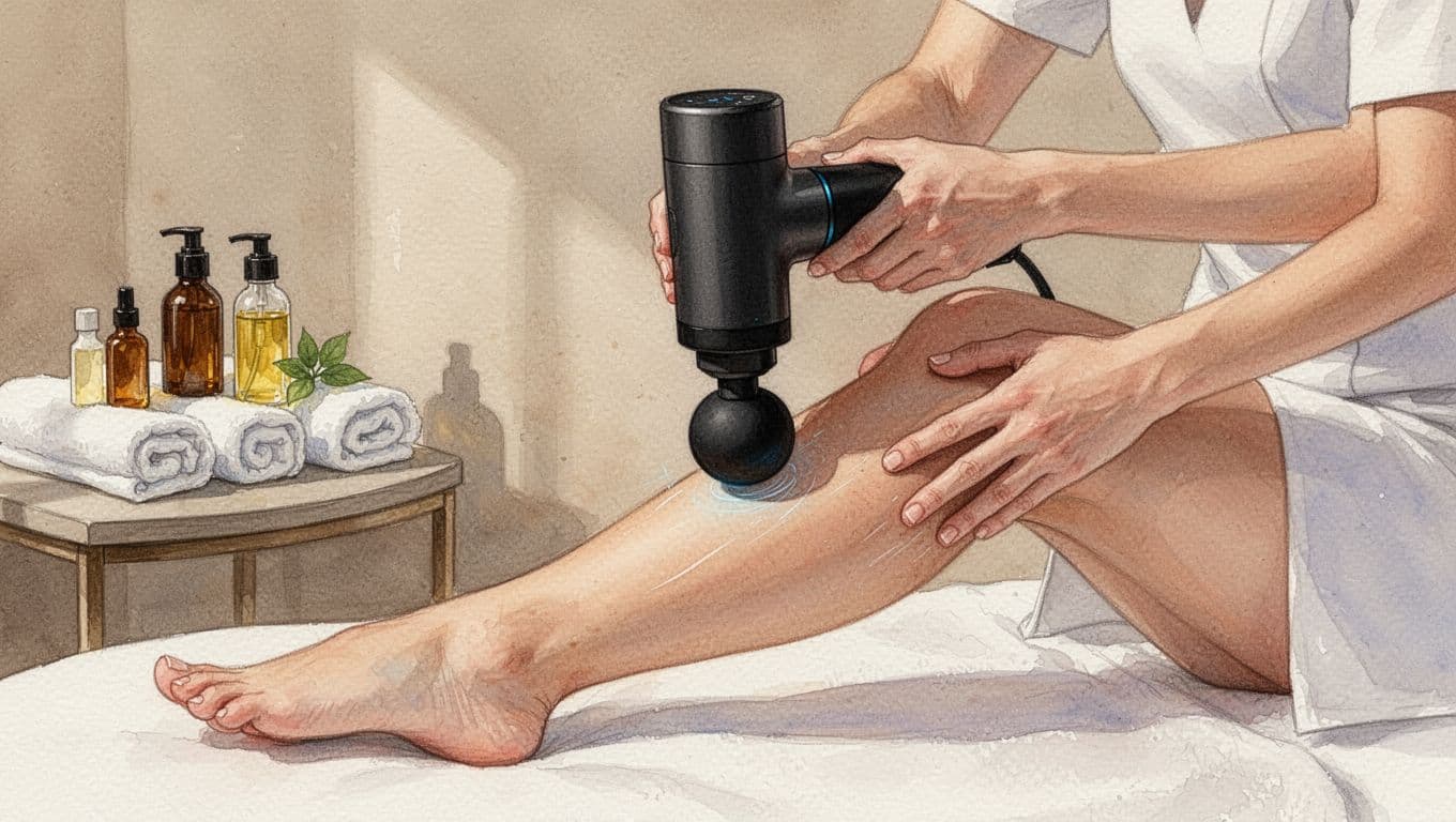 Close-up of percussive massage gun on calf with towels and oils nearby.