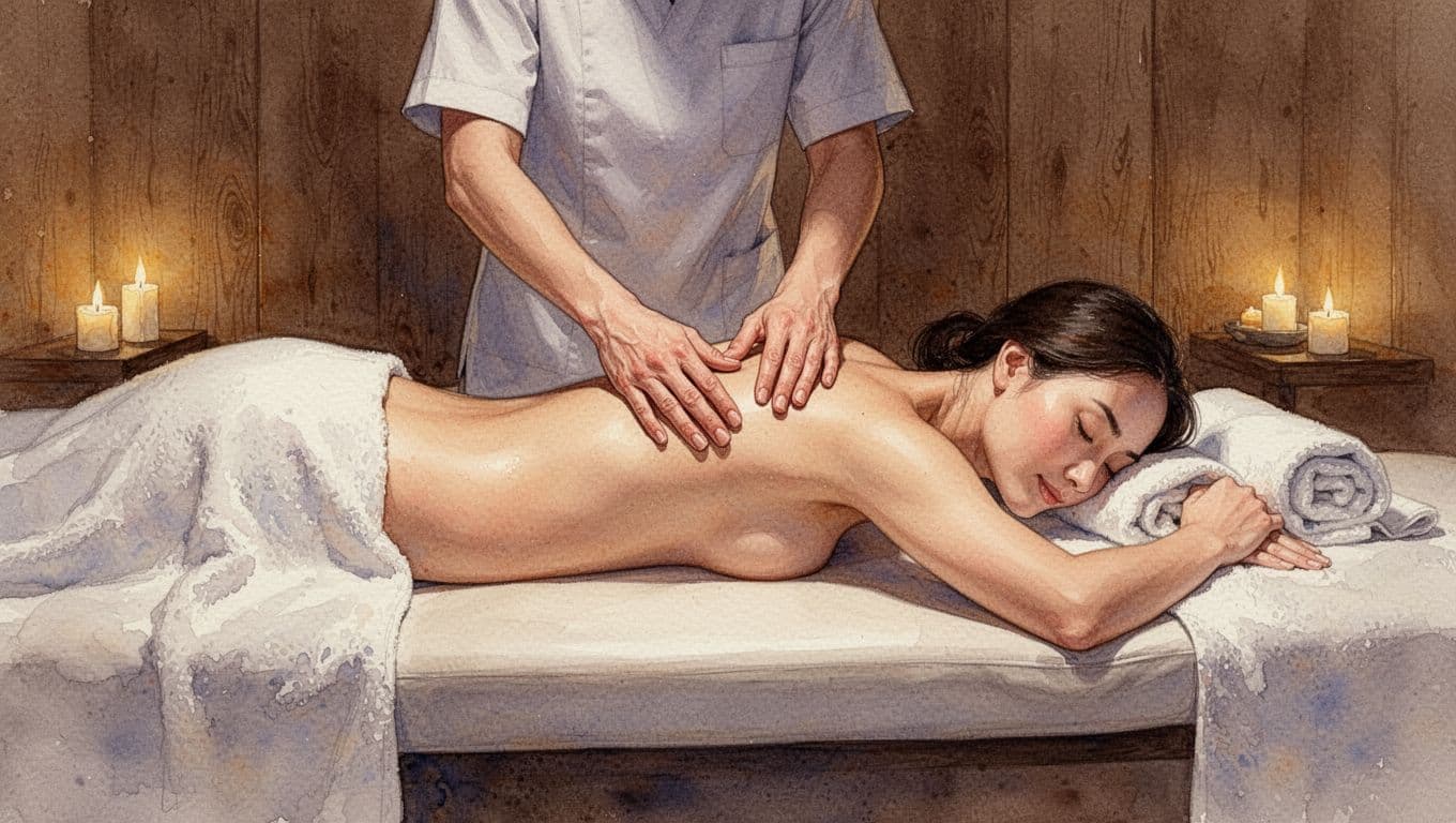 A person lies face down on a massage table in a serene, dimly lit spa setting.