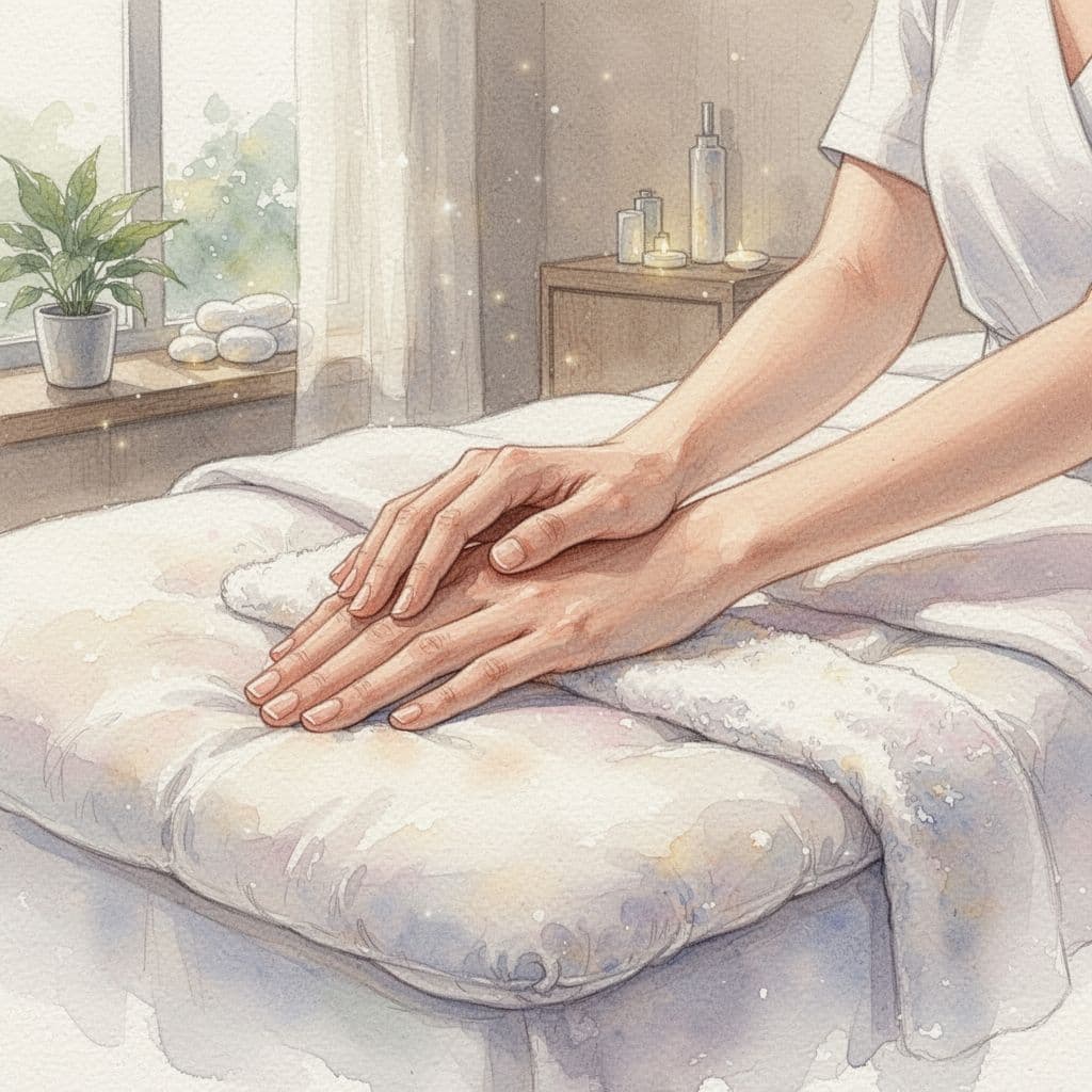 Nairobi Massage Therapist: How to Choose the Right One in CBD 3 A close-up view of a massage therapist's hands resting on a plush, softly lit spa bed.