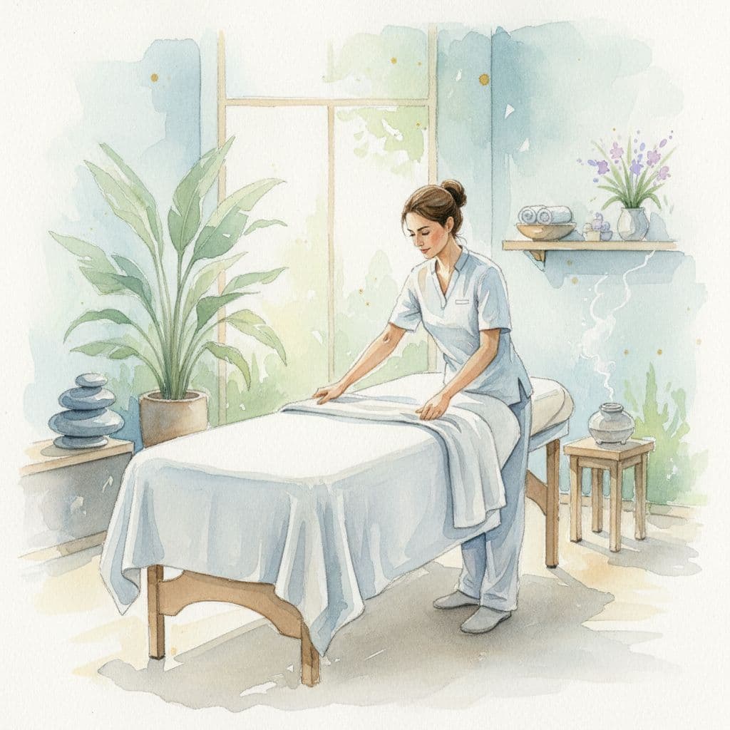 What a Massage Therapist Does in Nairobi CBD 2 A professional massage therapist tidies a serene, softly lit spa treatment room.