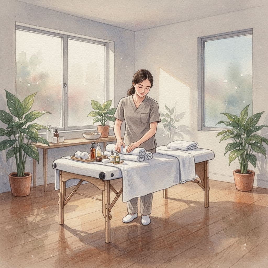 How to Choose a Massage Therapist in Nairobi CBD 2 A professional therapist stands in a calm, minimalist spa room with warm, soft lighting.