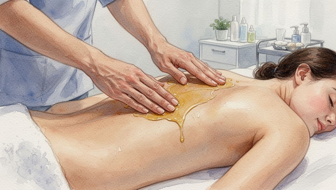 A therapist's hands apply massage oil to a client's back in a soft watercolor style.