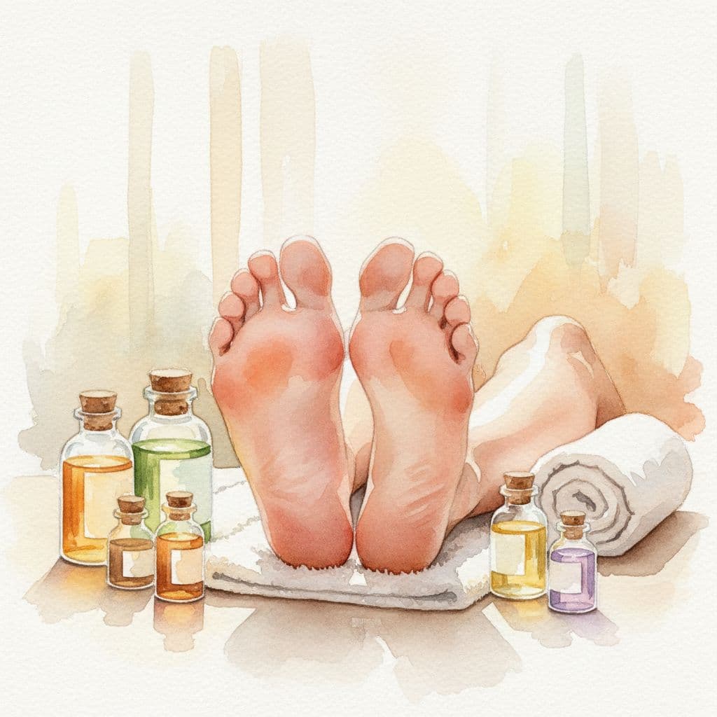 Close-up of relaxed feet with subtle redness, surrounded by essential oil bottles and towel, in watercolor style.