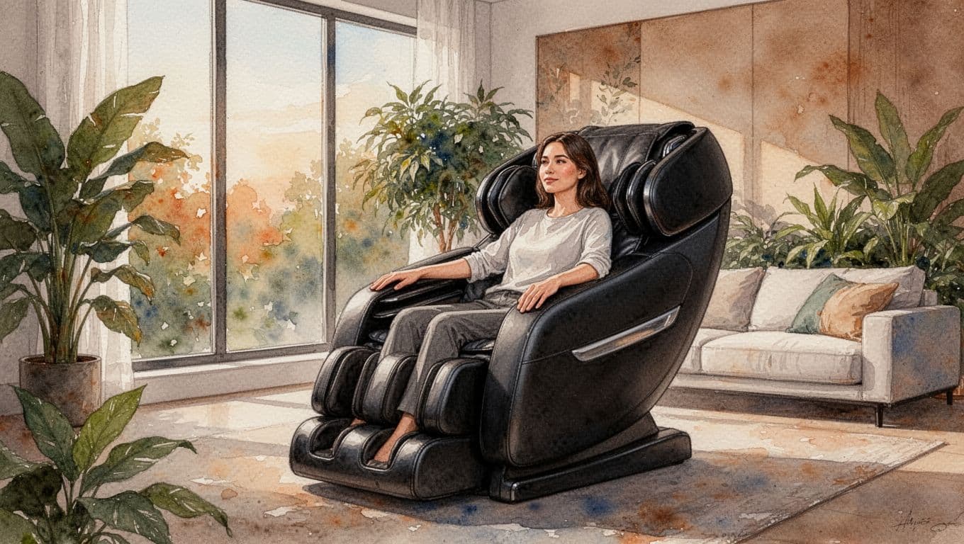 Massage Chair Benefits and Why Nairobi Still Needs Spa Care 2 Person sits relaxed in sleek black leather massage chair with visible back rollers in modern living room with windows and plants.