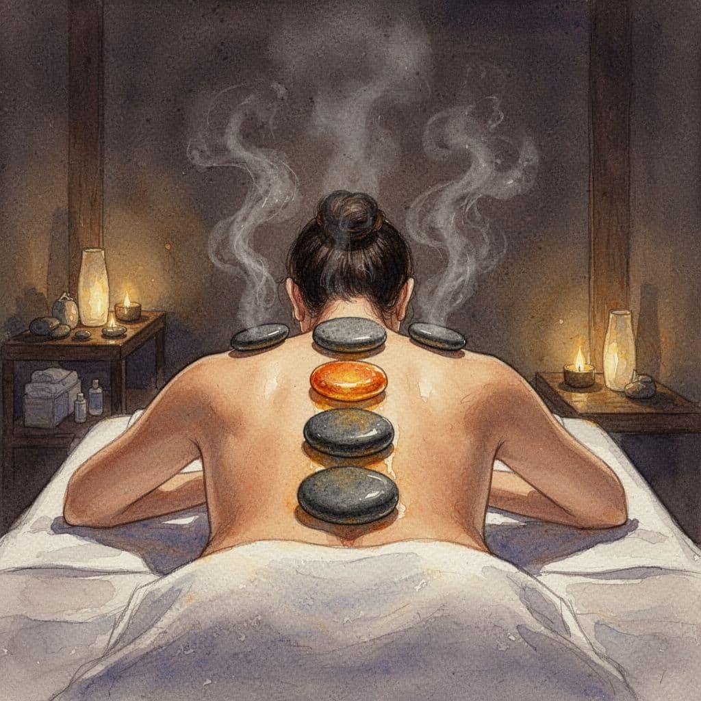 Person receiving hot stone massage in dim-lit room, watercolor style with warm tones.