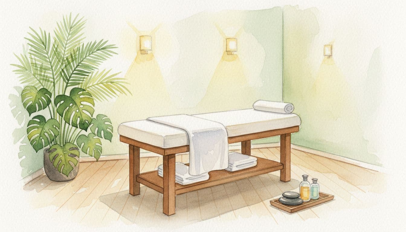 Massage Places Near Me in Nairobi CBD: How to Choose Well 2 A tranquil watercolor spa room features a wooden massage table and tropical plants under soft lighting.
