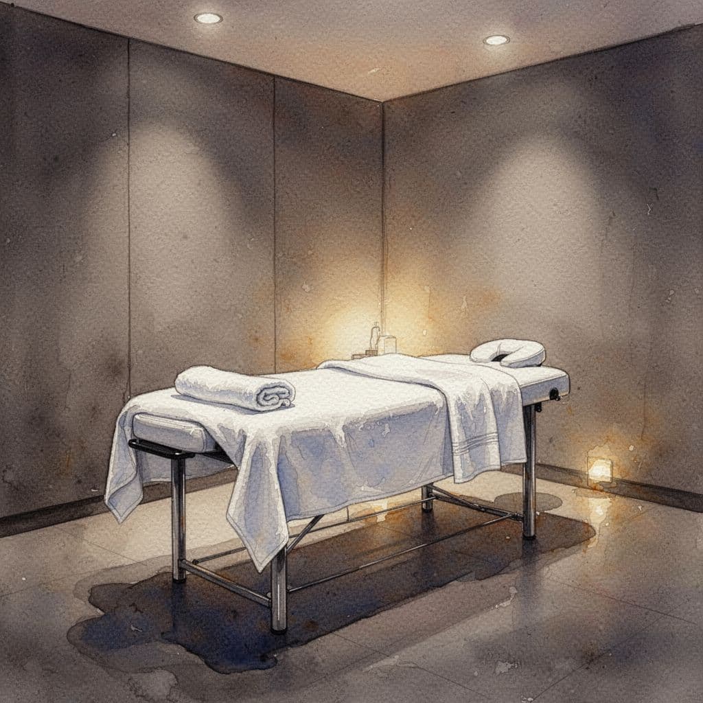 Deep Tissue Massage in Nairobi: Relief, Recovery, and What to Expect 2 A watercolor painting depicts a calm massage room with a table, soft towels, and warm lighting.