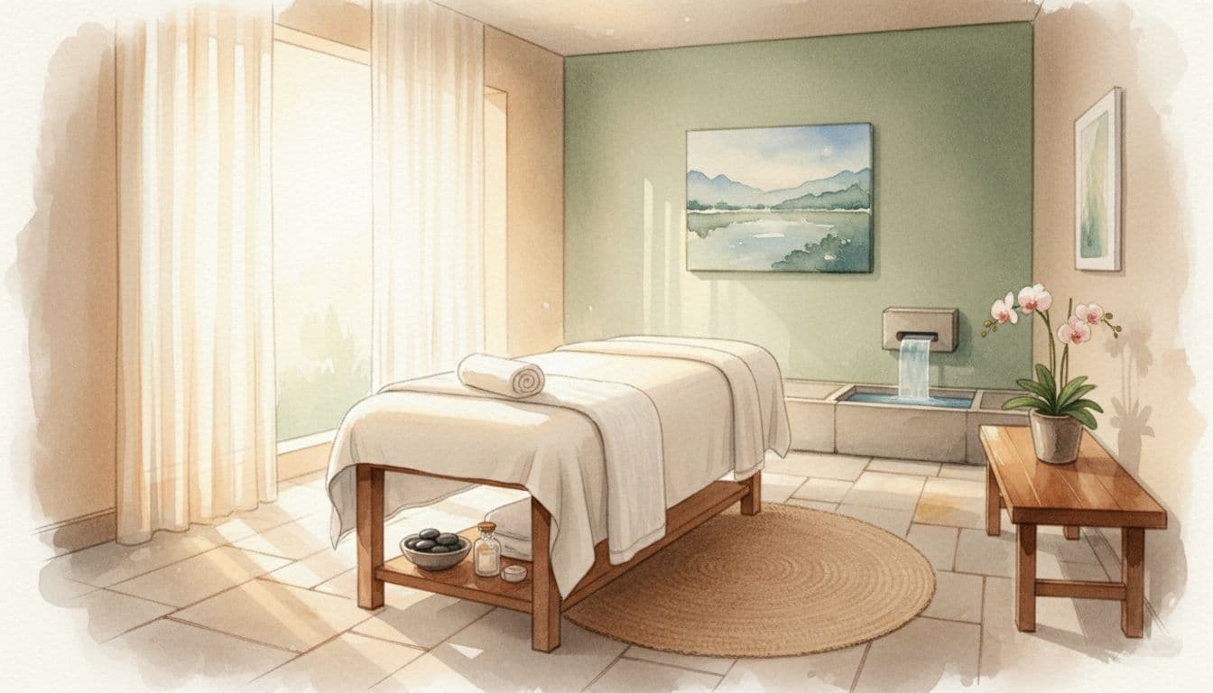 A tranquil spa room features a neat massage table within a soft-lit, minimalist watercolor setting.