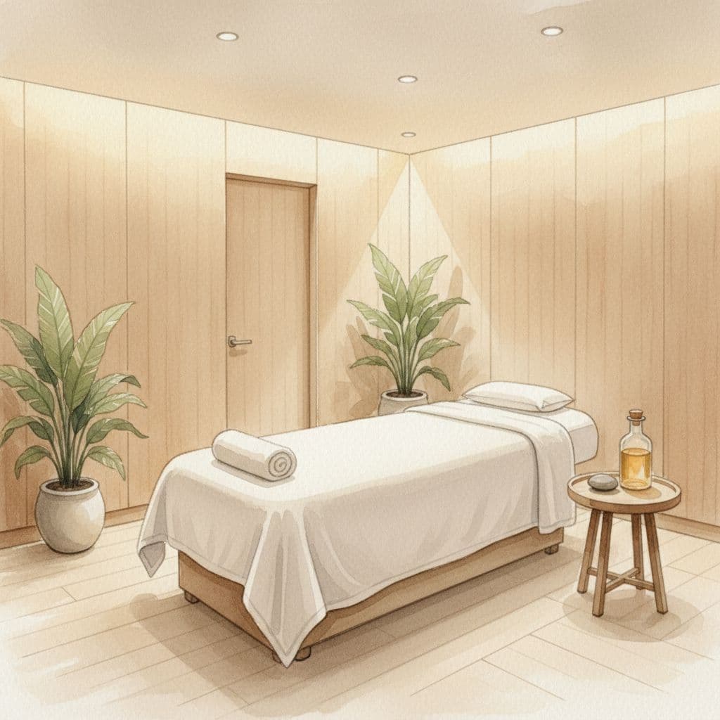 A watercolor painting depicts a calm massage room with natural wood accents and a prepared bed.