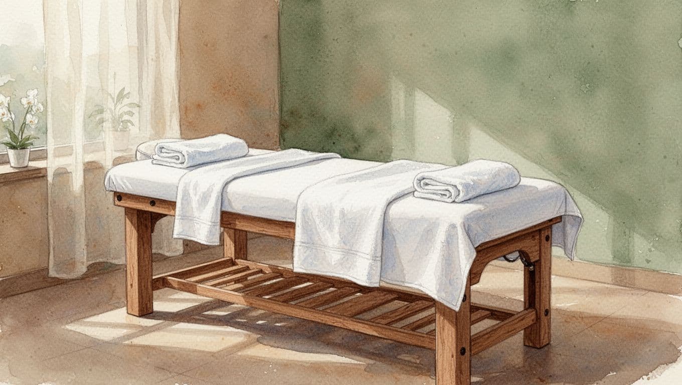Nairobi Massage Spa Telegram: How to Choose Wisely in CBD 2 A tranquil massage room features a wooden table with white linens in a soft watercolor style.