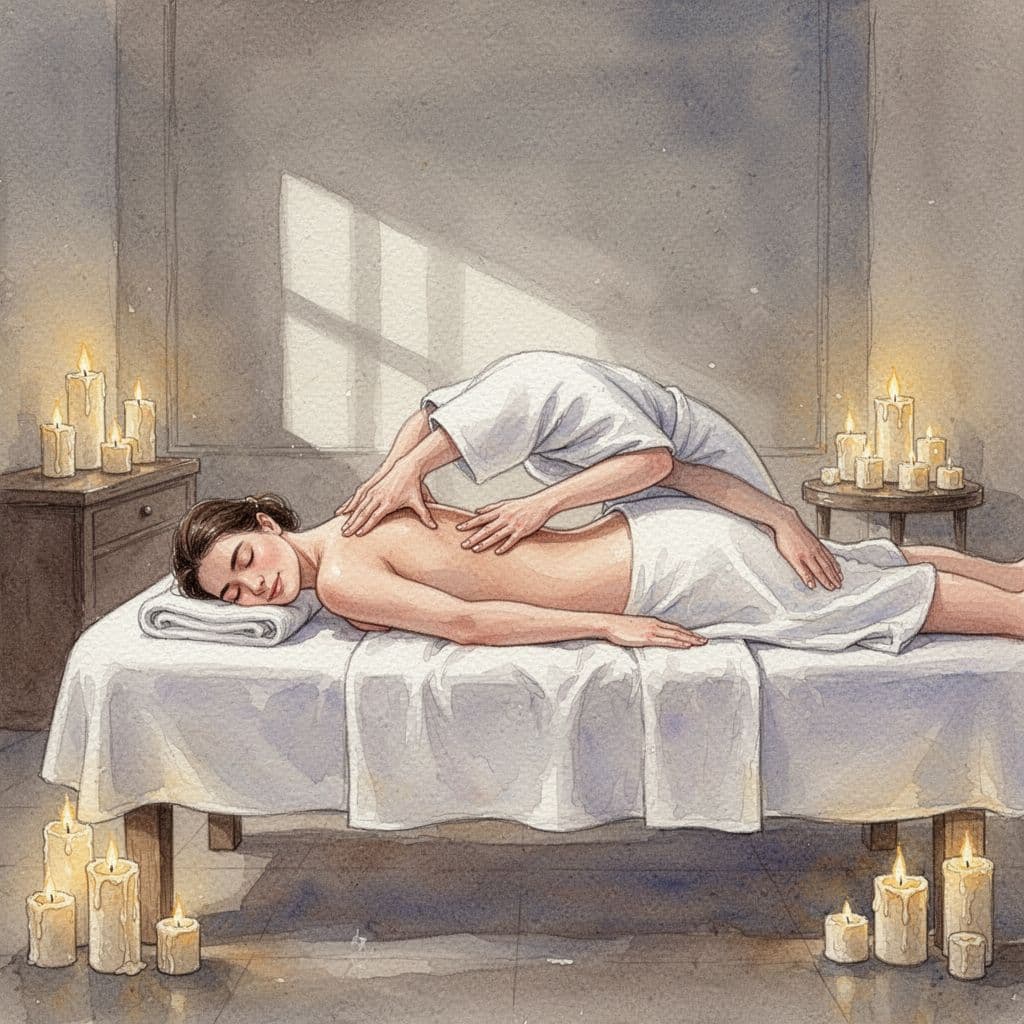 Full Body Massage in Nairobi: What It Feels Like and Why It Helps 2 A relaxed individual rests on a professional massage table within a tranquil spa setting. The soft watercolor strokes emphasize warm golden hues and gentle lighting throughout the peaceful treatment room.