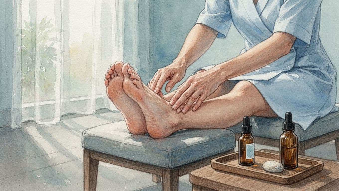Massage Therapy Near Me: What to Look for in Nairobi 3 Therapist massages client's bare feet with thumbs and knuckles on cushioned stool in spa lounge, essential oil nearby.