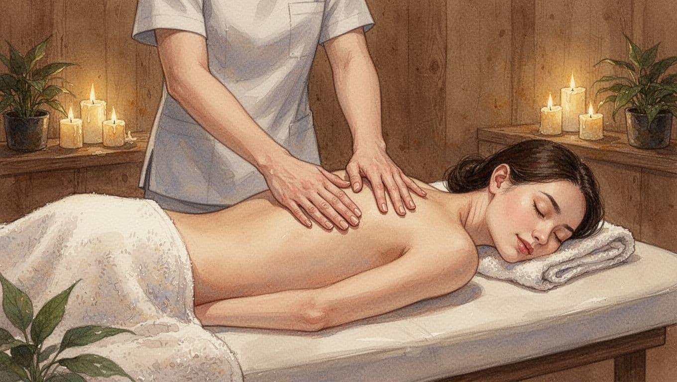 Therapist applies strokes to client's upper back on padded table in candlelit room with plants and wood.