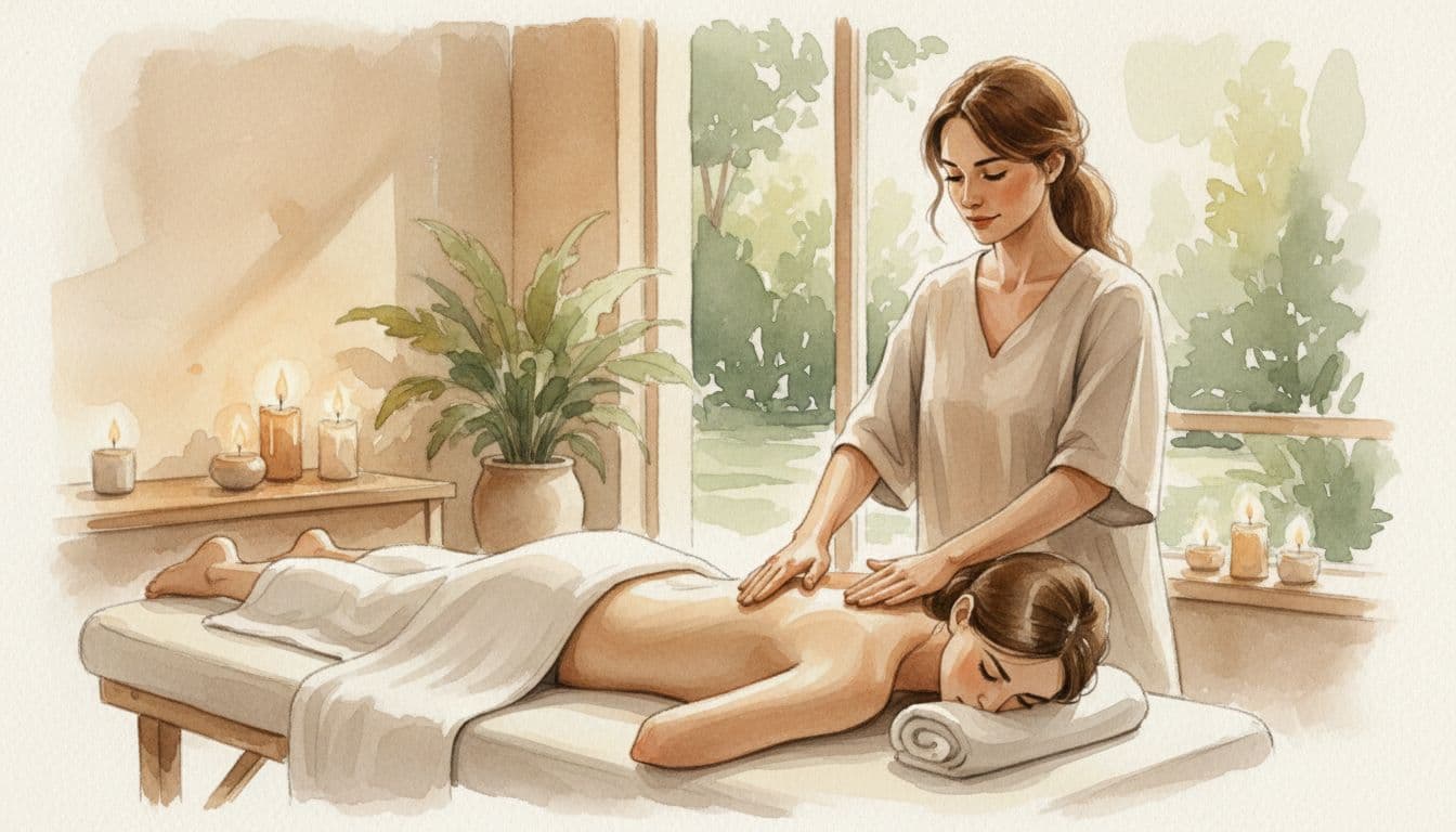 How to Choose the Right Massage Therapist in Nairobi CBD 2 Female therapist applies Swedish massage strokes to client's back on table with white towel in candlelit spa, watercolor style.