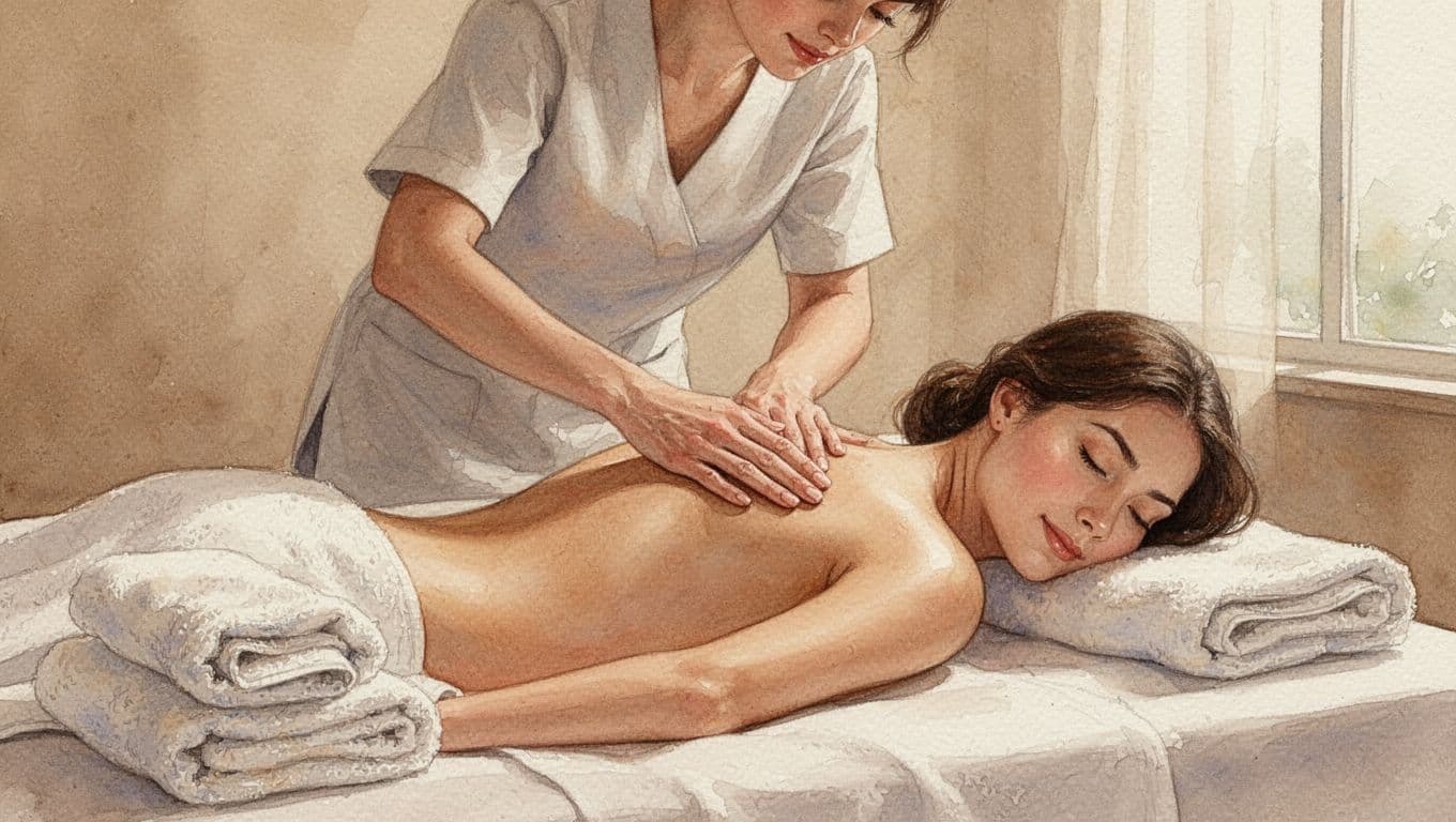 Therapist massages client's back in softly lit spa room with folded towels.