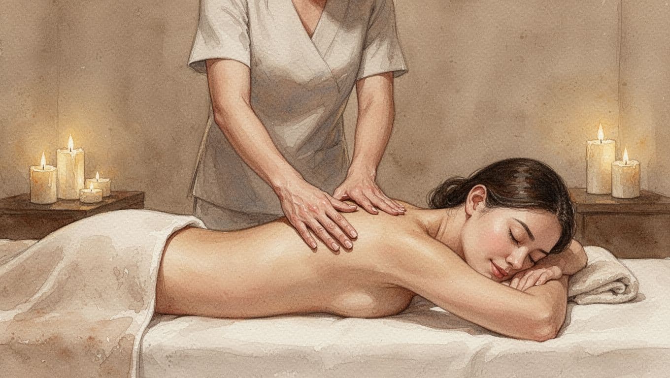 Massage Therapy Near Me: What to Look for in Nairobi 2 Therapist applies gentle strokes to client's upper back in candlelit spa room, watercolor style.