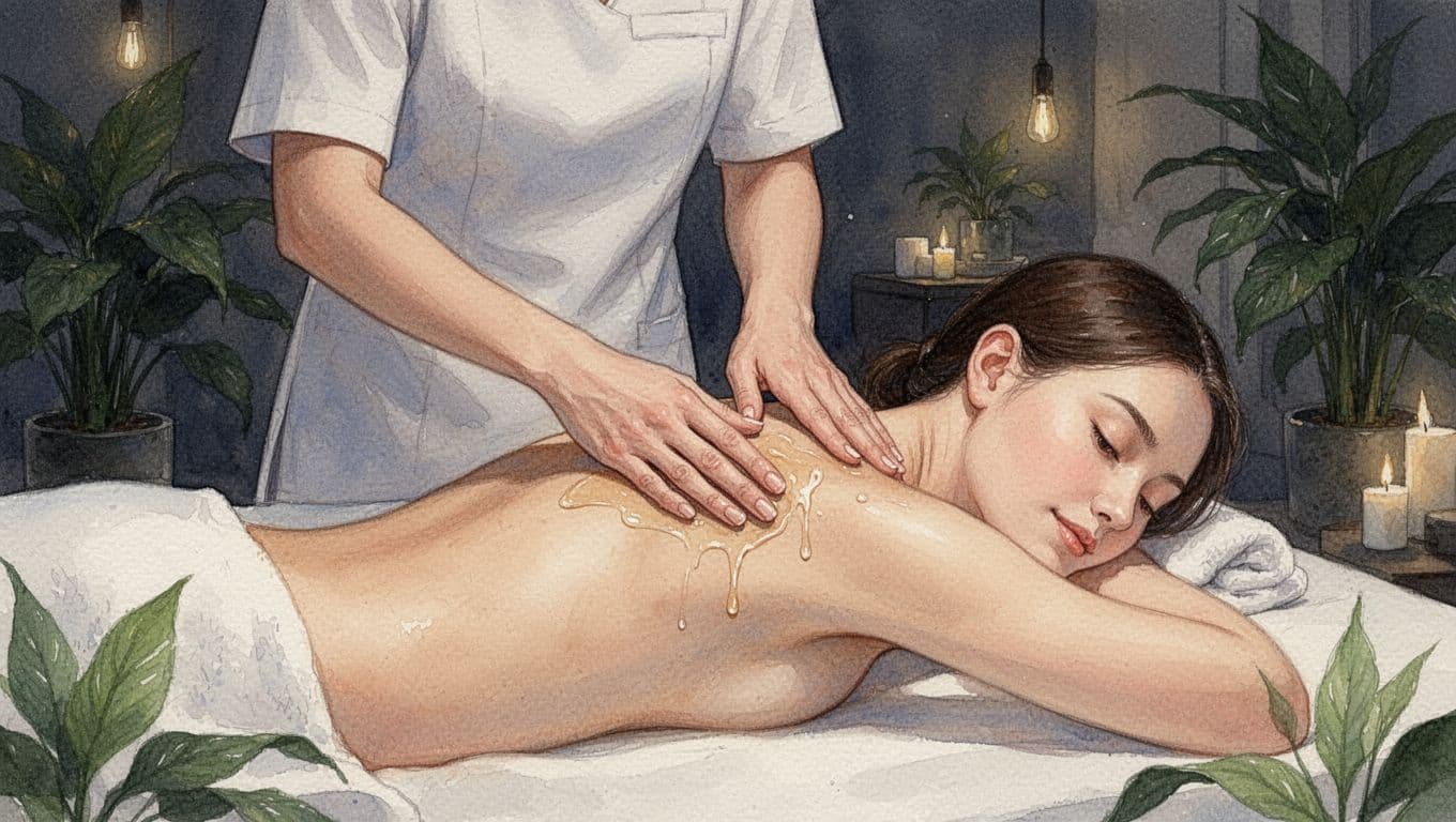 Therapist applies gentle strokes with oil to client's upper back in dim-lit spa with plants, watercolor style.