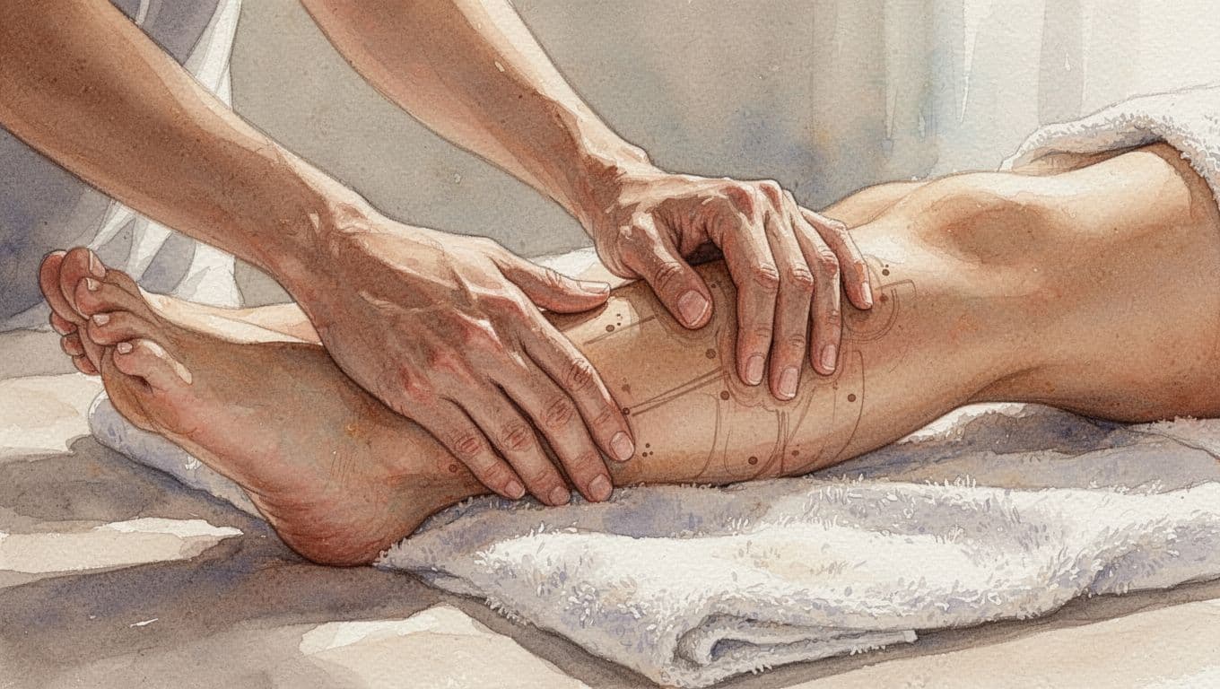 Two hands apply gentle pressure to a client's leg using Thai stretching on spa towel background in watercolor style.