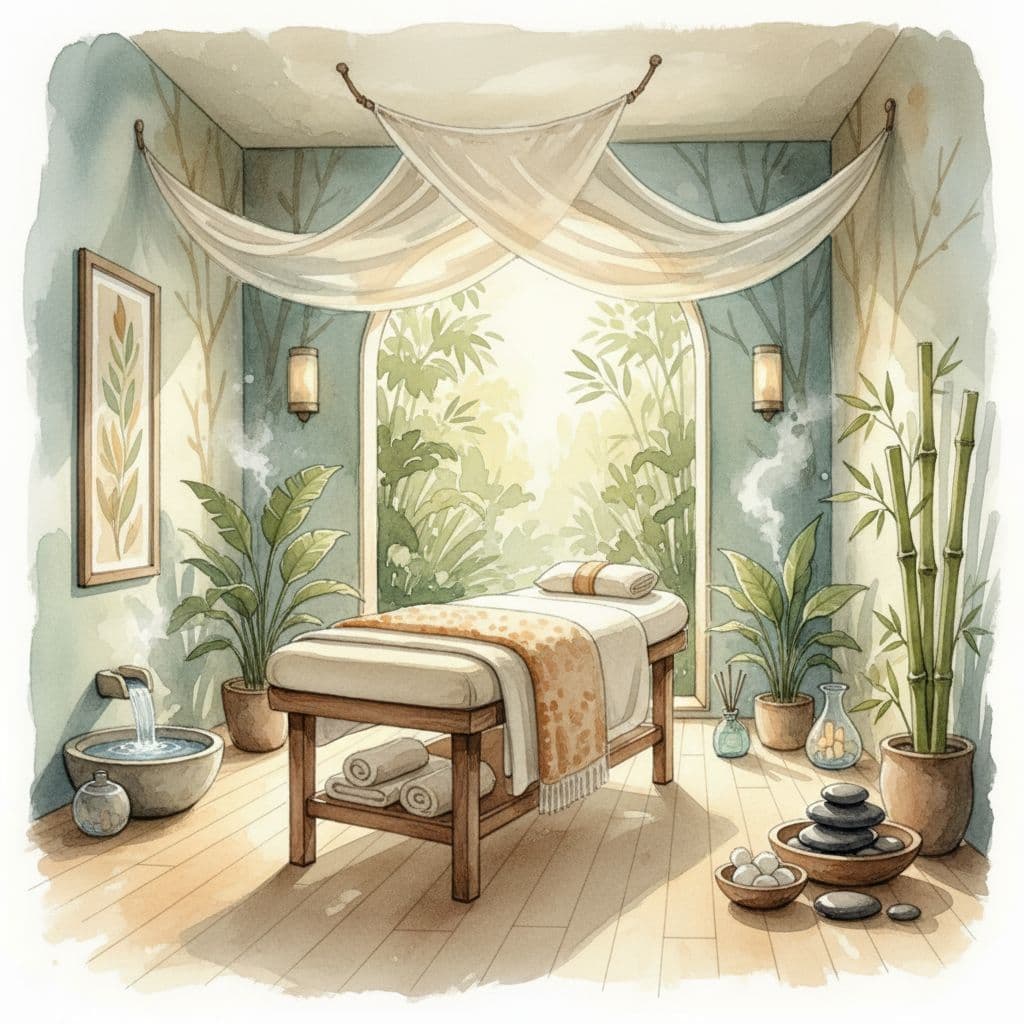 A calm spa room features a massage table set against a backdrop of soft natural decor.