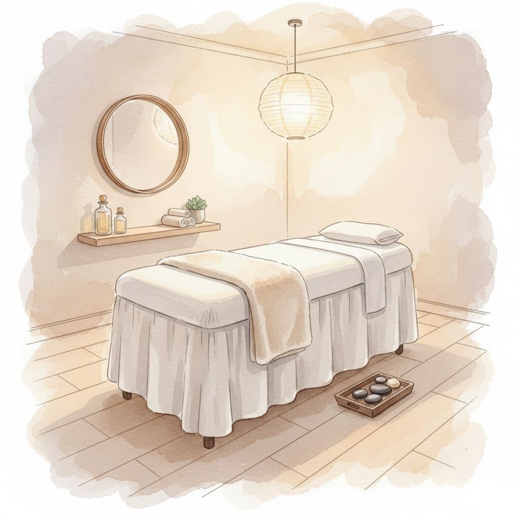 A clean massage table sits centered in a serene room featuring minimalist decor and soft warm lighting. The scene is rendered in a watercolor style with visible brushstrokes and blended colors.