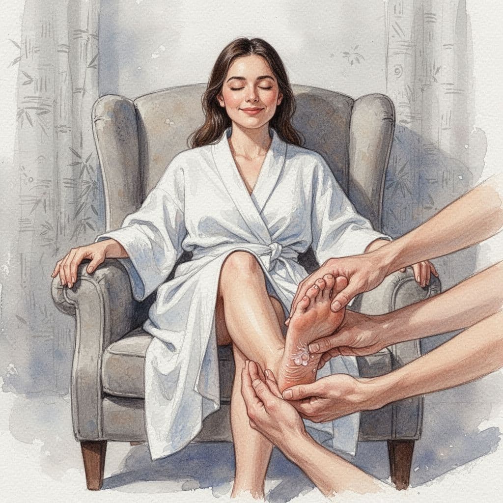 A woman sits in a soft chair with a peaceful expression while receiving a soothing foot massage.