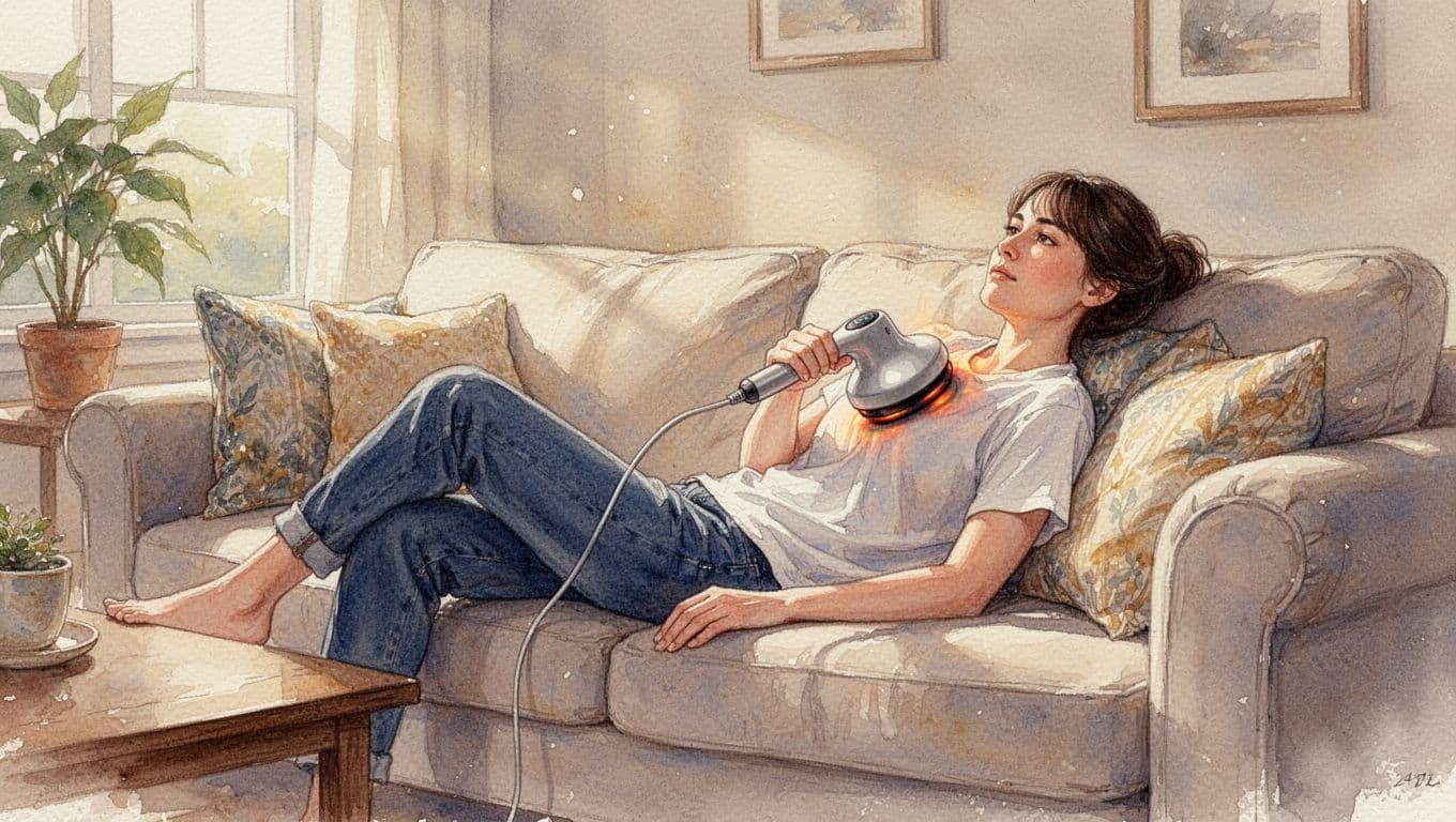 Back Massager Guide: Better Relief at Home and in Nairobi 2 Watercolor of a person relaxing on a sofa with a back massager.