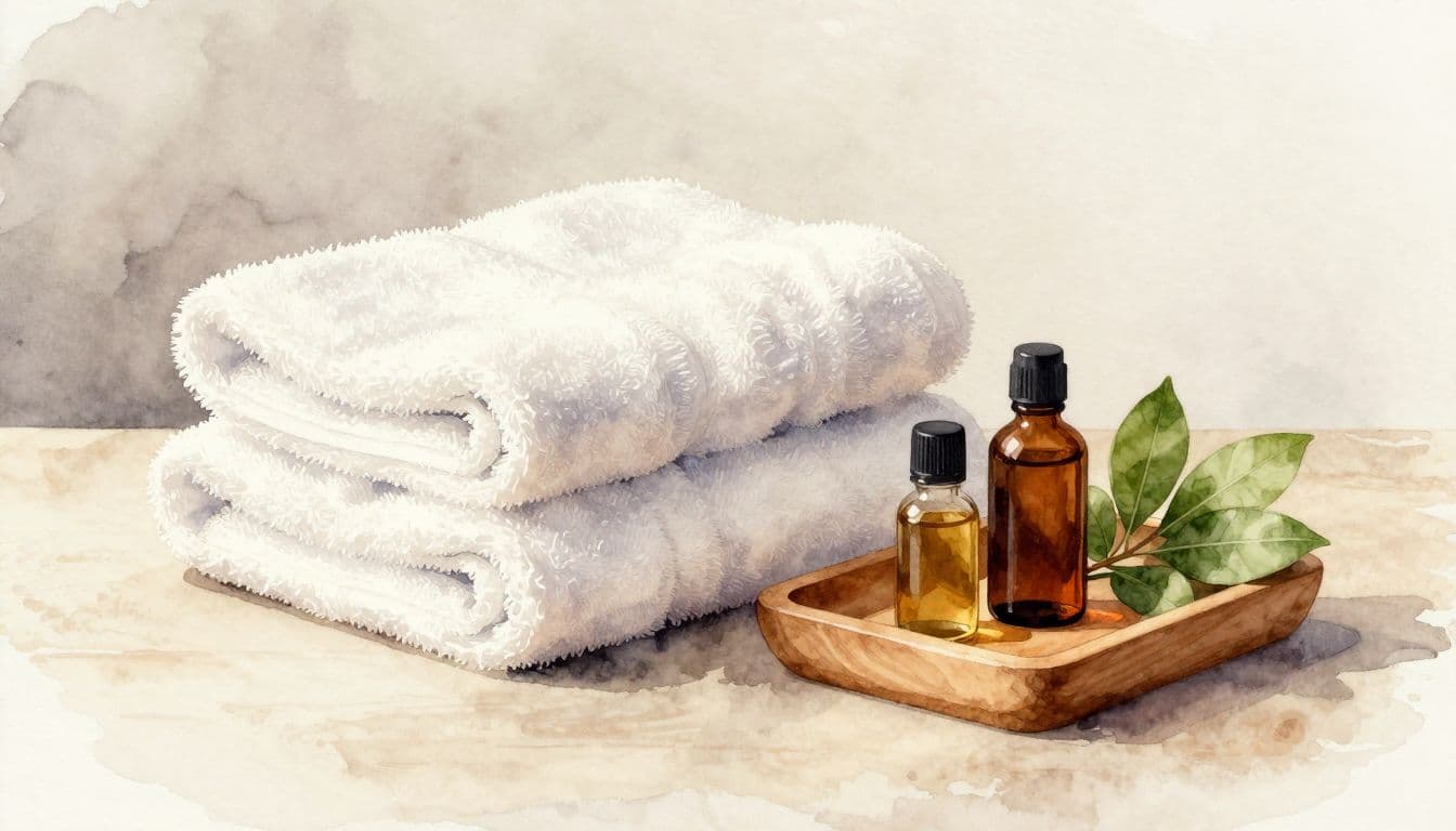 A watercolor painting of folded white towels, oil bottles, and green leaves.