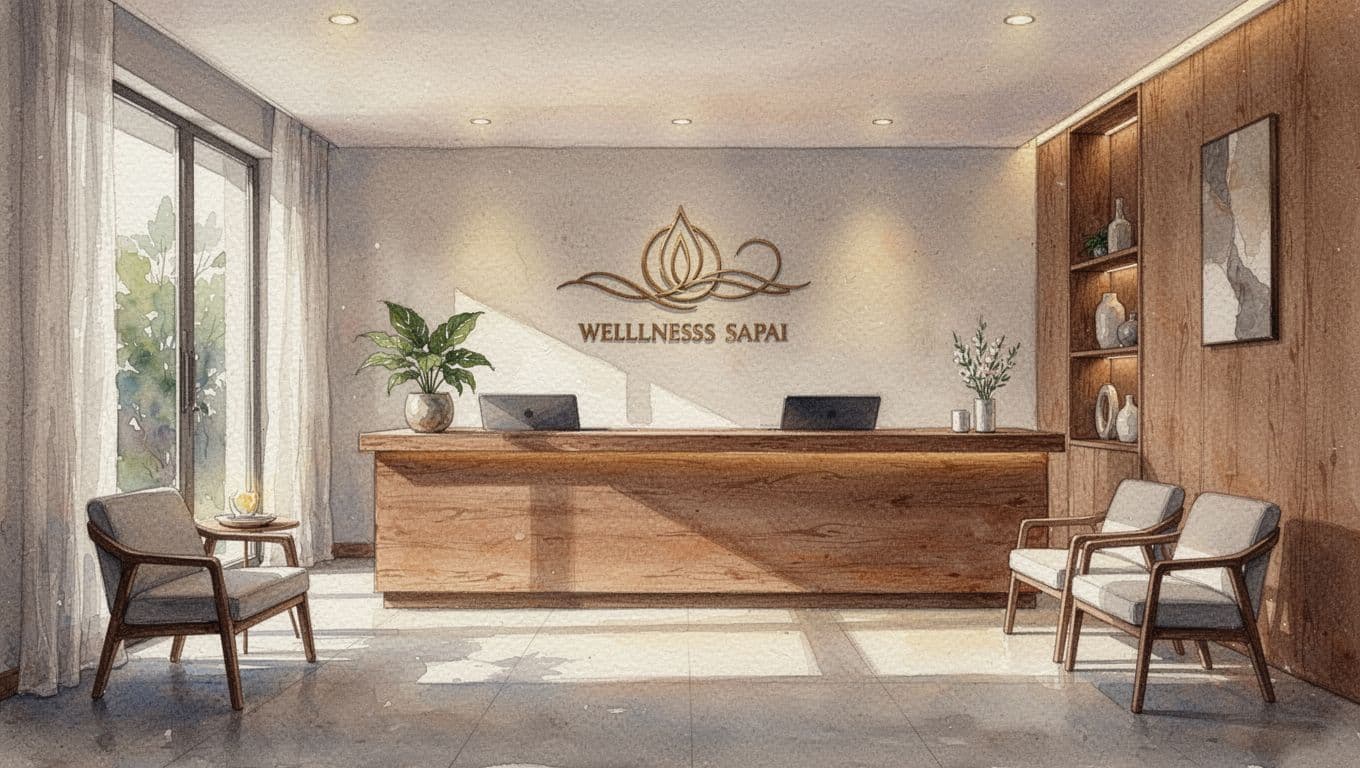 A minimalist spa reception area with wooden accents and warm lighting.