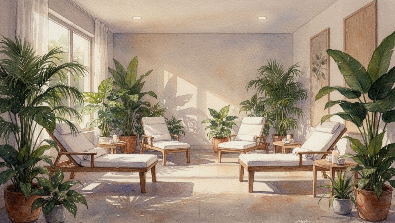 Westlands Nairobi Massage: Choose the Right Spa 2 A warm watercolor spa room with wooden furniture and lush indoor plants.