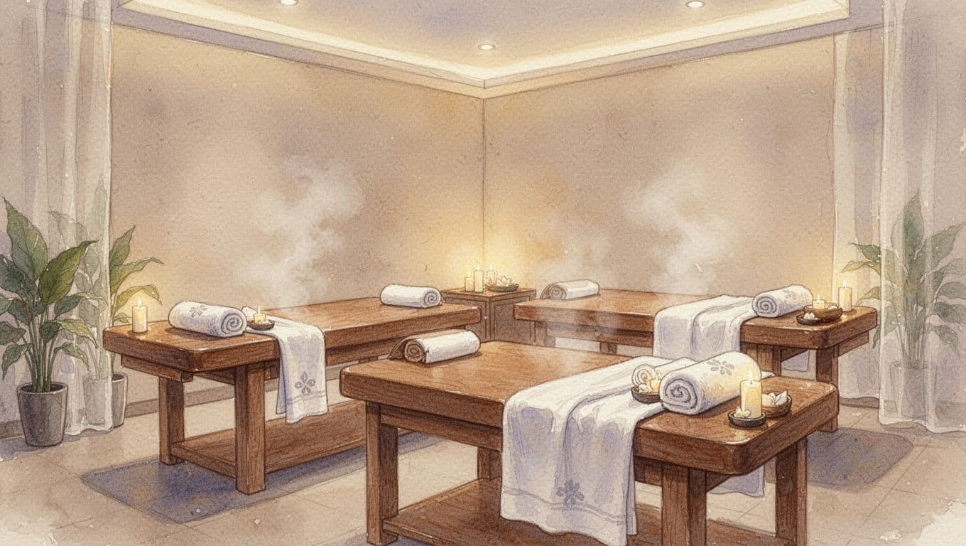 Back Massager Guide: Better Relief at Home and in Nairobi 3 A serene massage room painted in watercolors with soft lighting and towels.
