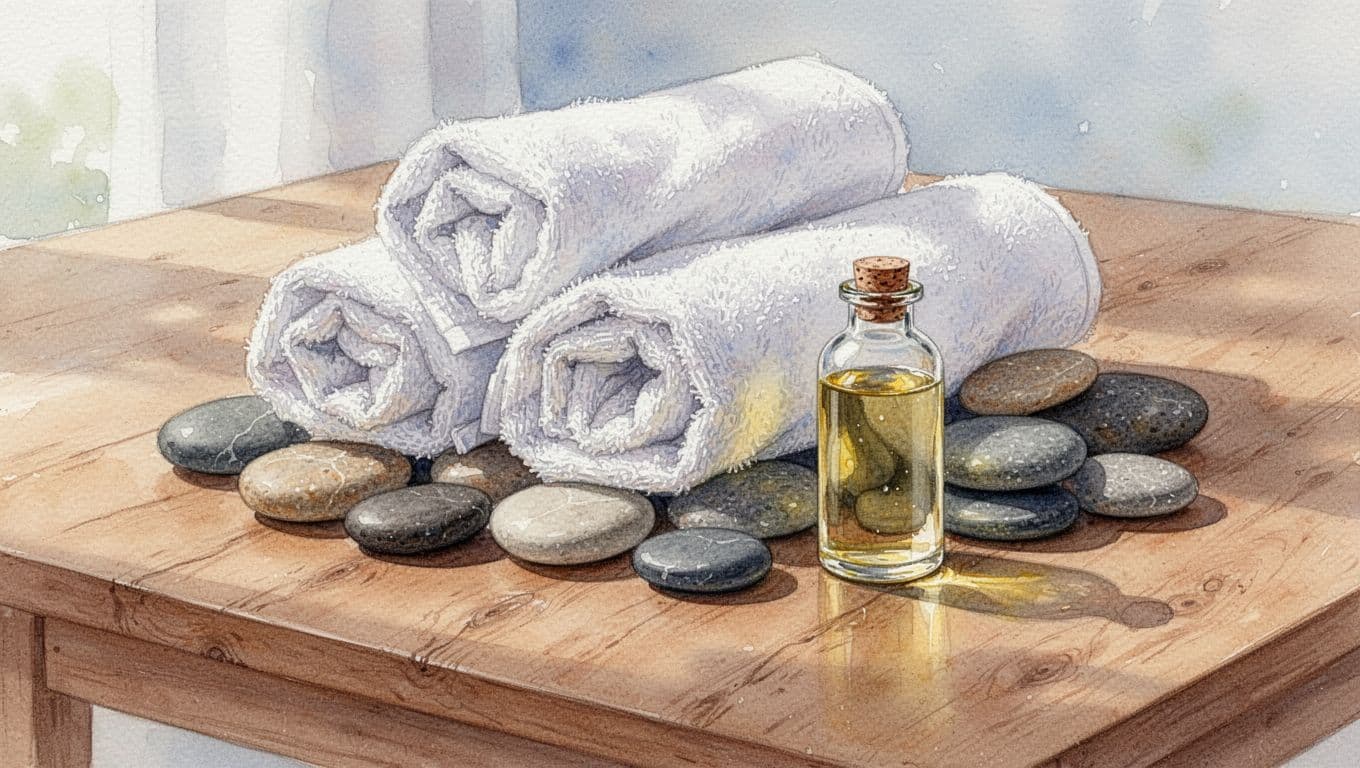 Westlands Nairobi Massage: Choose the Right Spa 3 White spa towels, river stones, and massage oil arranged on a wooden table.