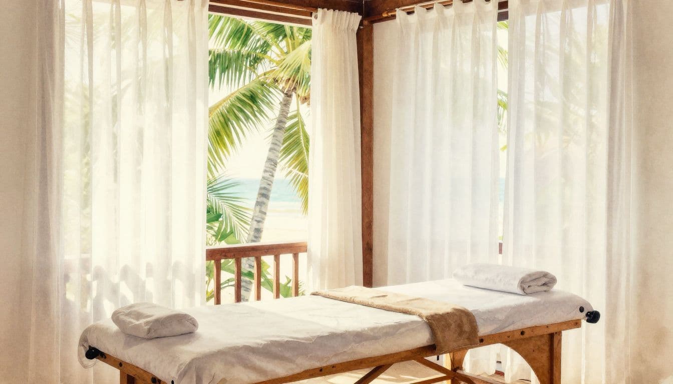 Full Body Massage Mombasa: A Practical Spa Guide 2 A wooden massage table in a warmly lit room with curtains and palm leaves outside.