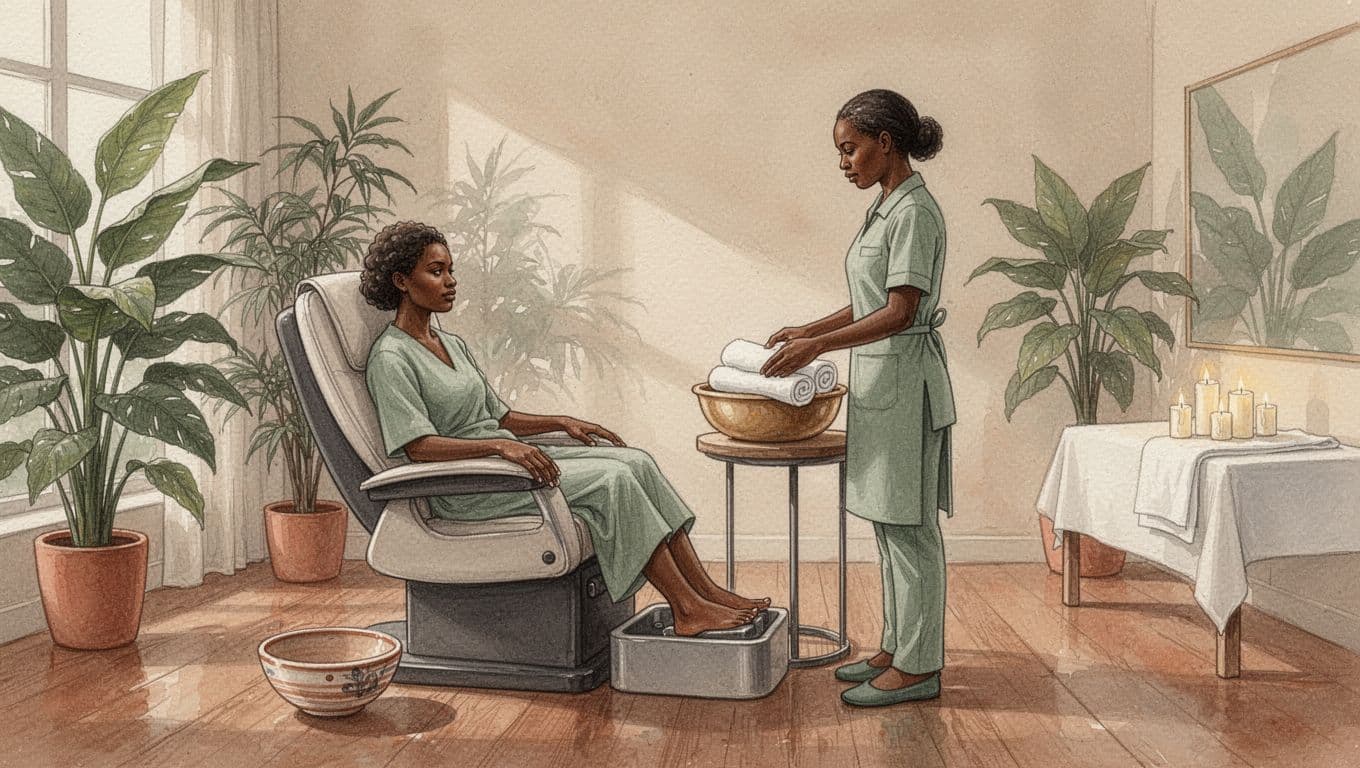 Female Escorts Westlands: Verify Listings Safely 3 A client receives a foot massage setup beside a therapist in a calm spa studio.