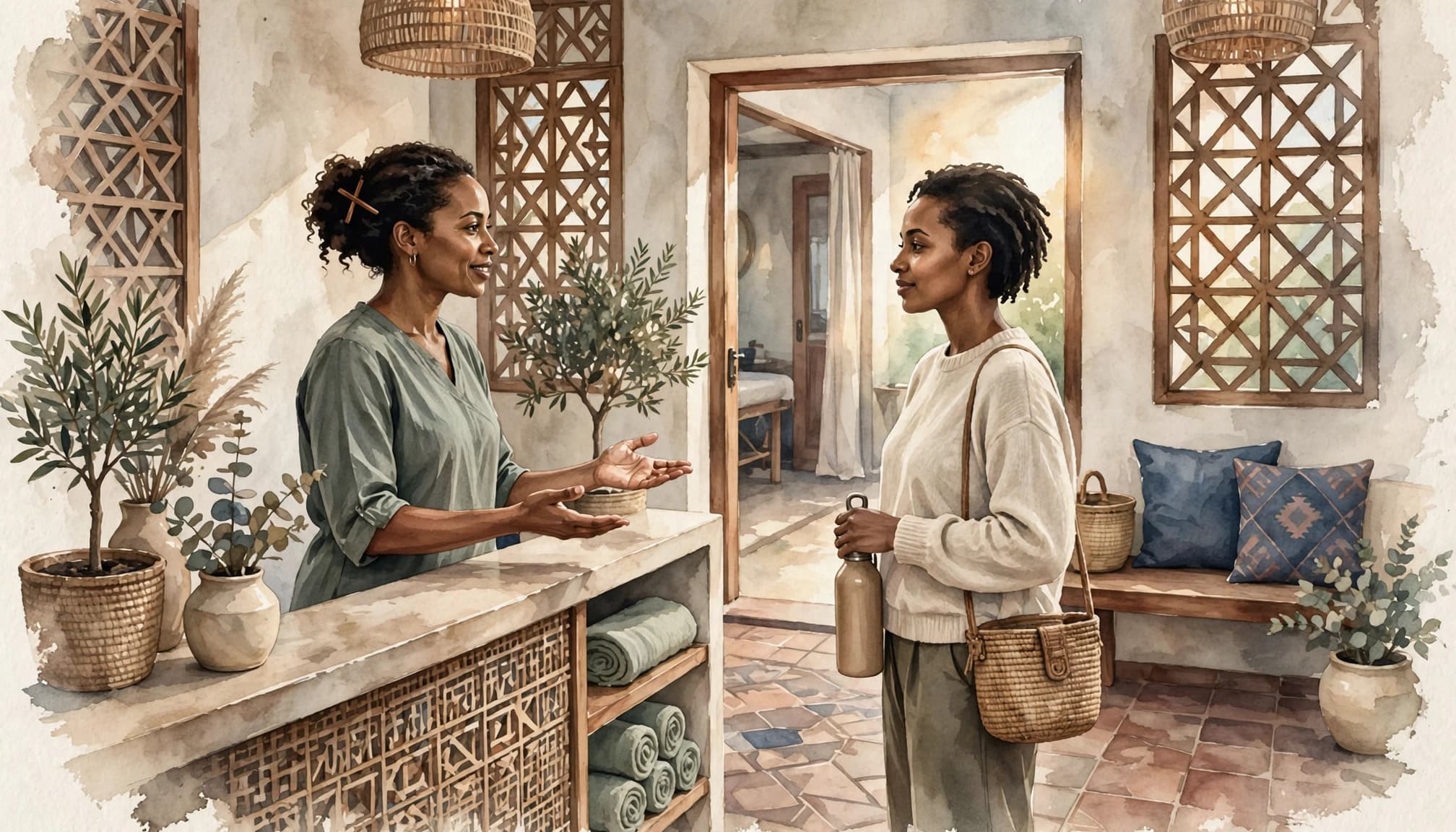 A massage therapist welcomes a client in a softly lit Nairobi spa reception area.