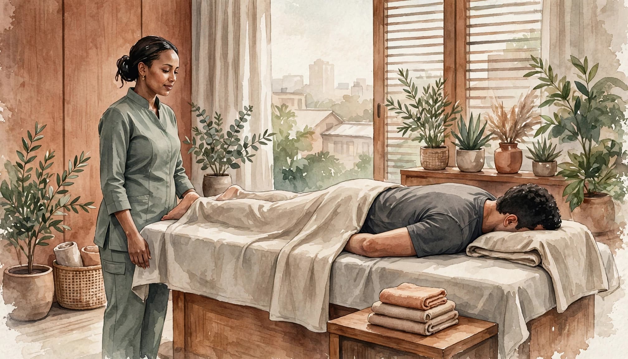 Male Escorts Nairobi: How to Book Massage Safely 3 A client lies face down as a therapist stands beside a massage table in a calm spa.
