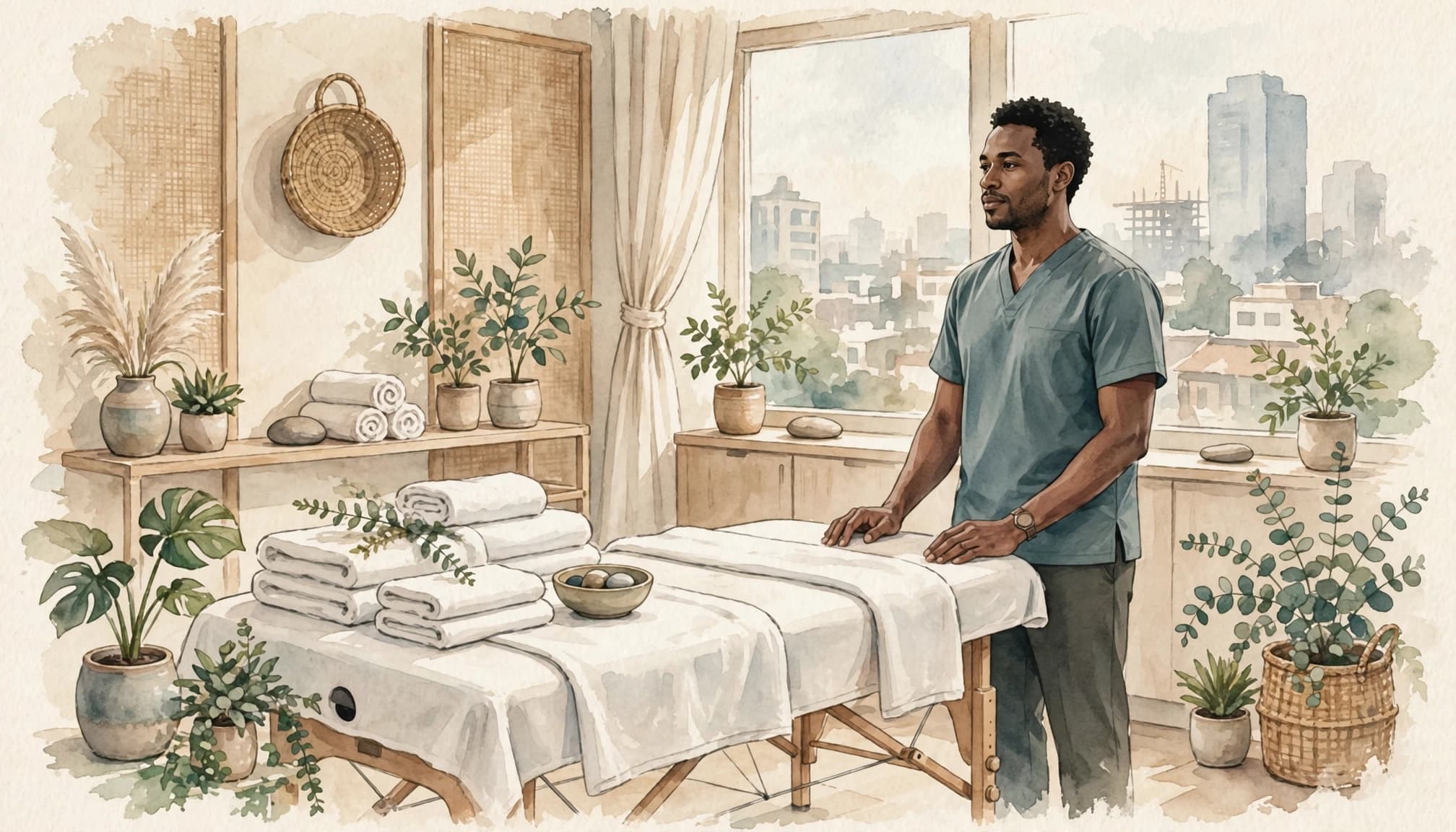 Male massage therapist beside a prepared table in a calm room with towels and plants.