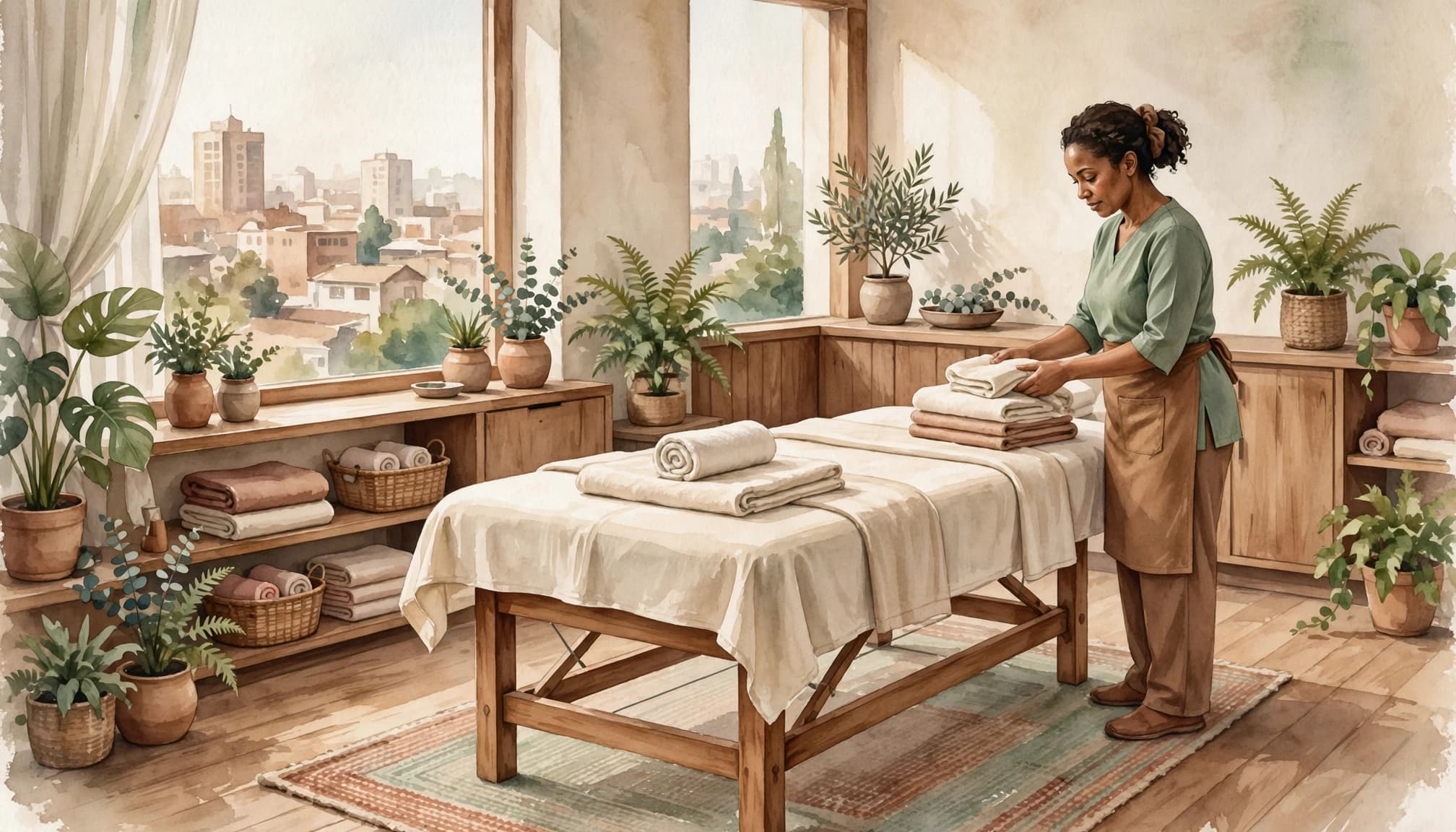 A massage therapist prepares towels beside a treatment table in a calm, plant-filled room.