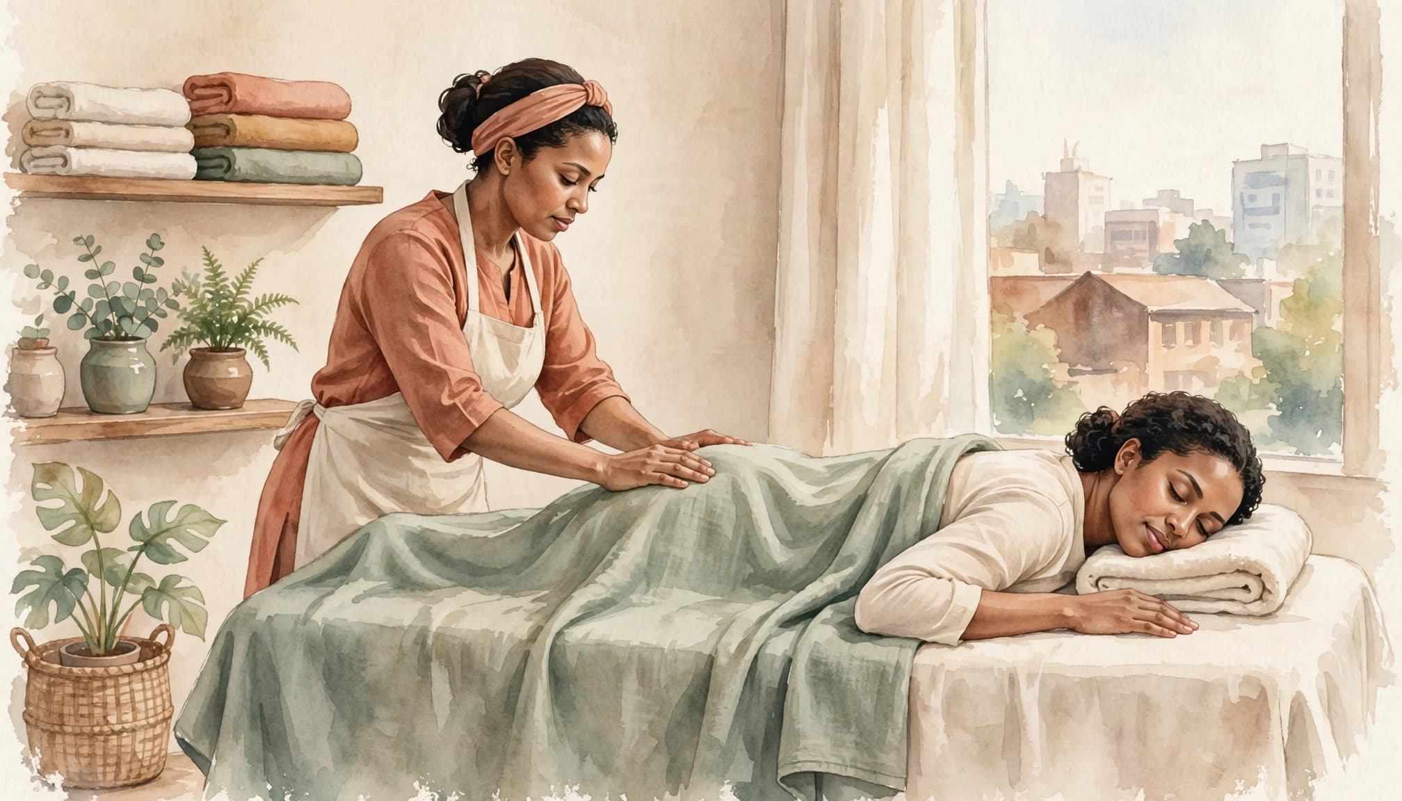 A clothed therapist massages a client in a calm Nairobi spa room.