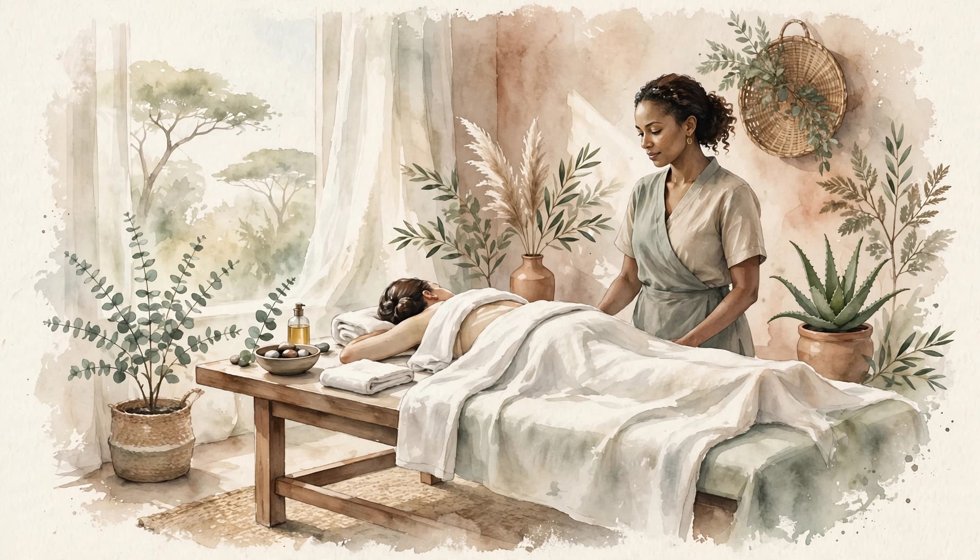 A therapist stands beside a towel-covered client on a massage table.