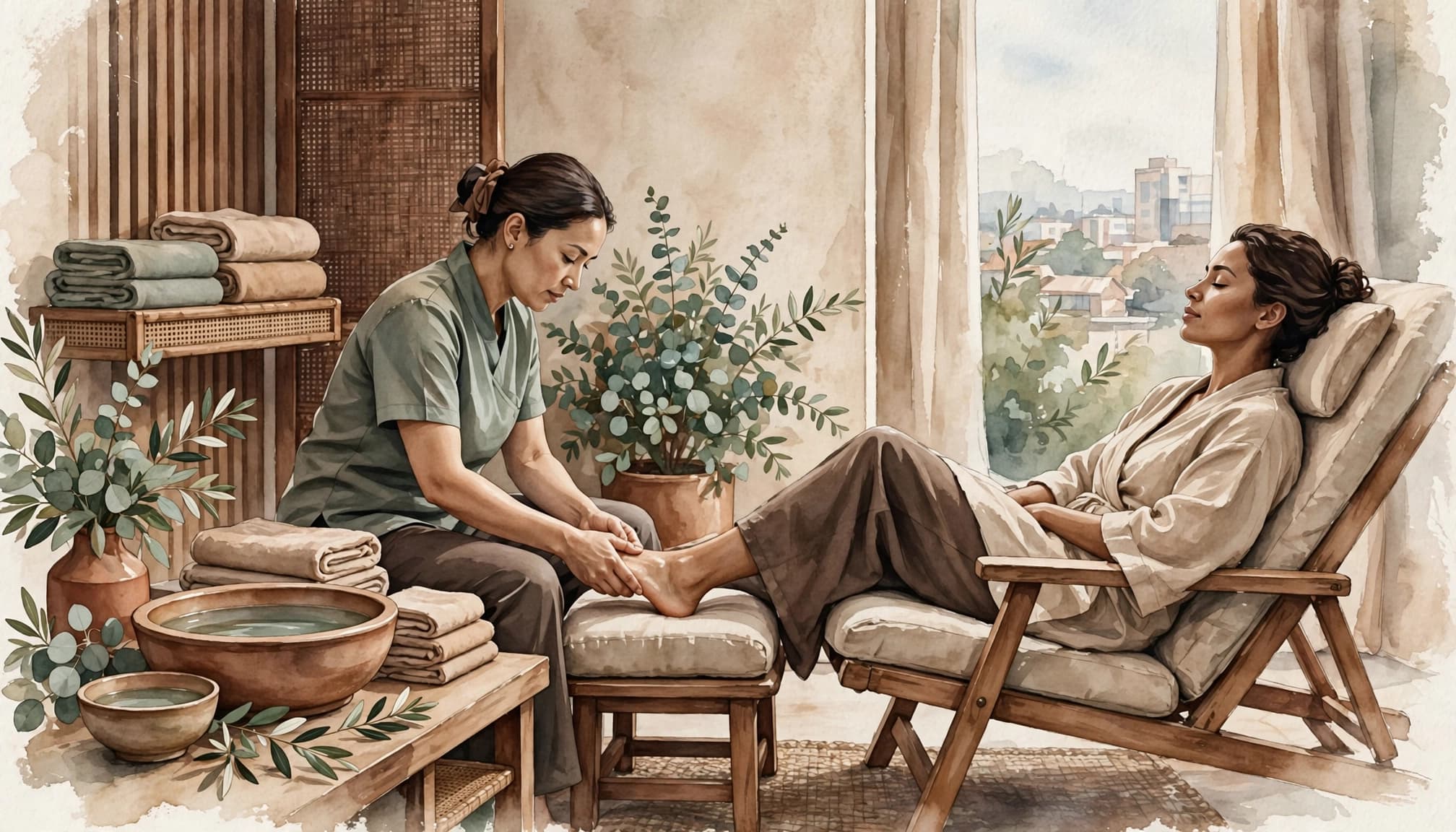 A therapist provides a foot massage to a seated client in a calm spa lounge.
