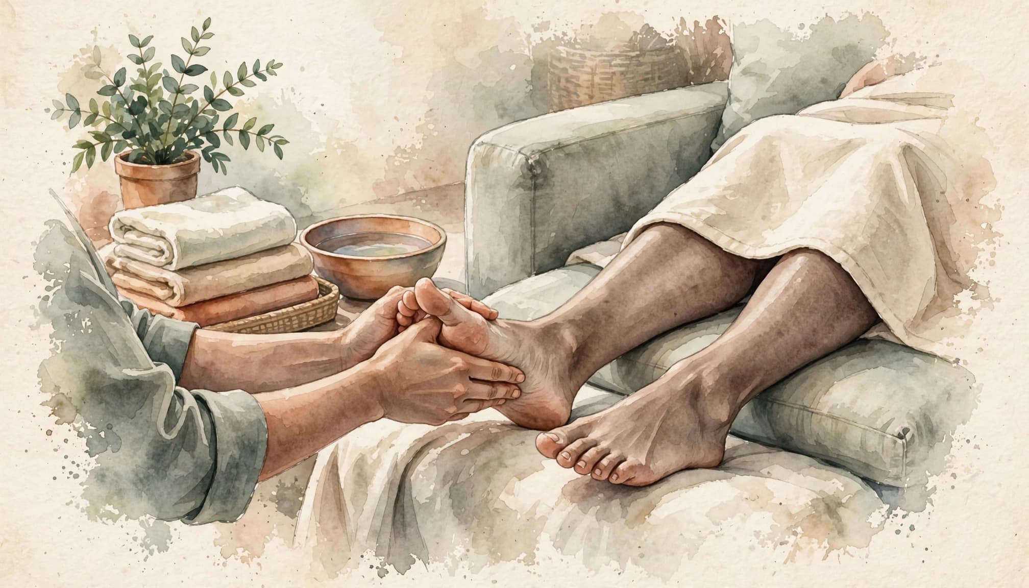 A therapist massages a client's feet in a softly lit spa room.