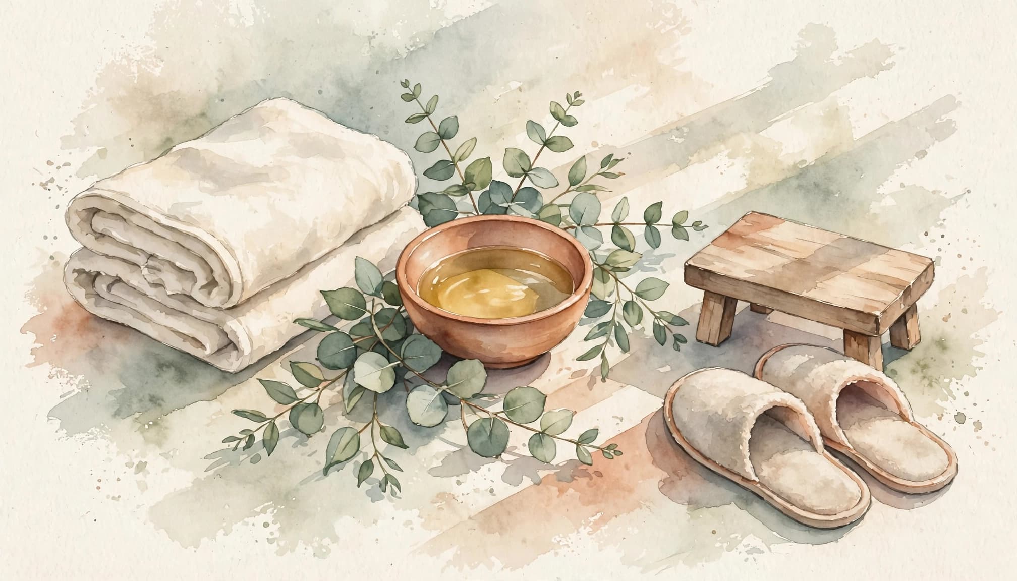 A cream towel, massage oil, eucalyptus, and slippers arranged beside a wooden stool.