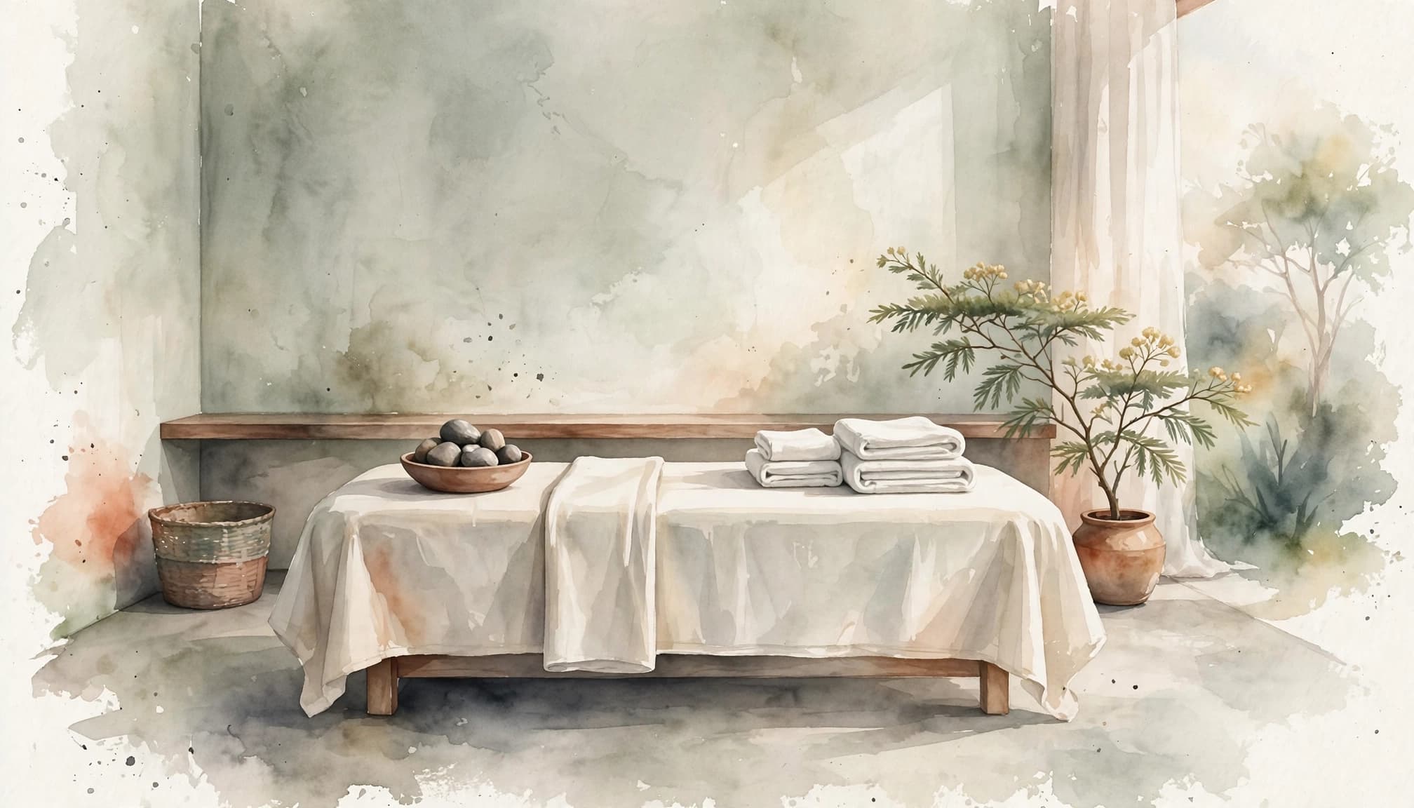 A calm spa room with a massage table, white towels, stones, and leafy decor.