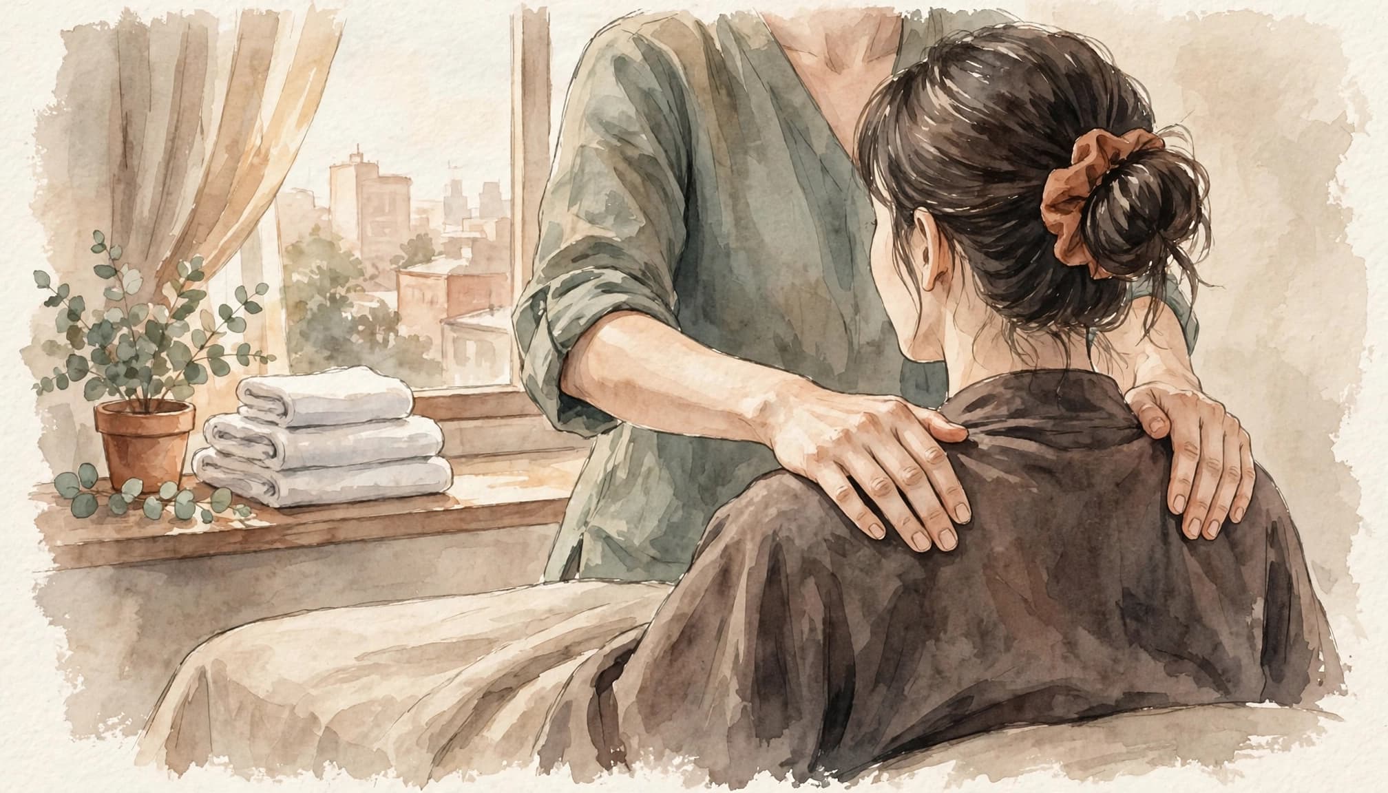 A woman receives a shoulder massage in a softly lit Nairobi spa room.