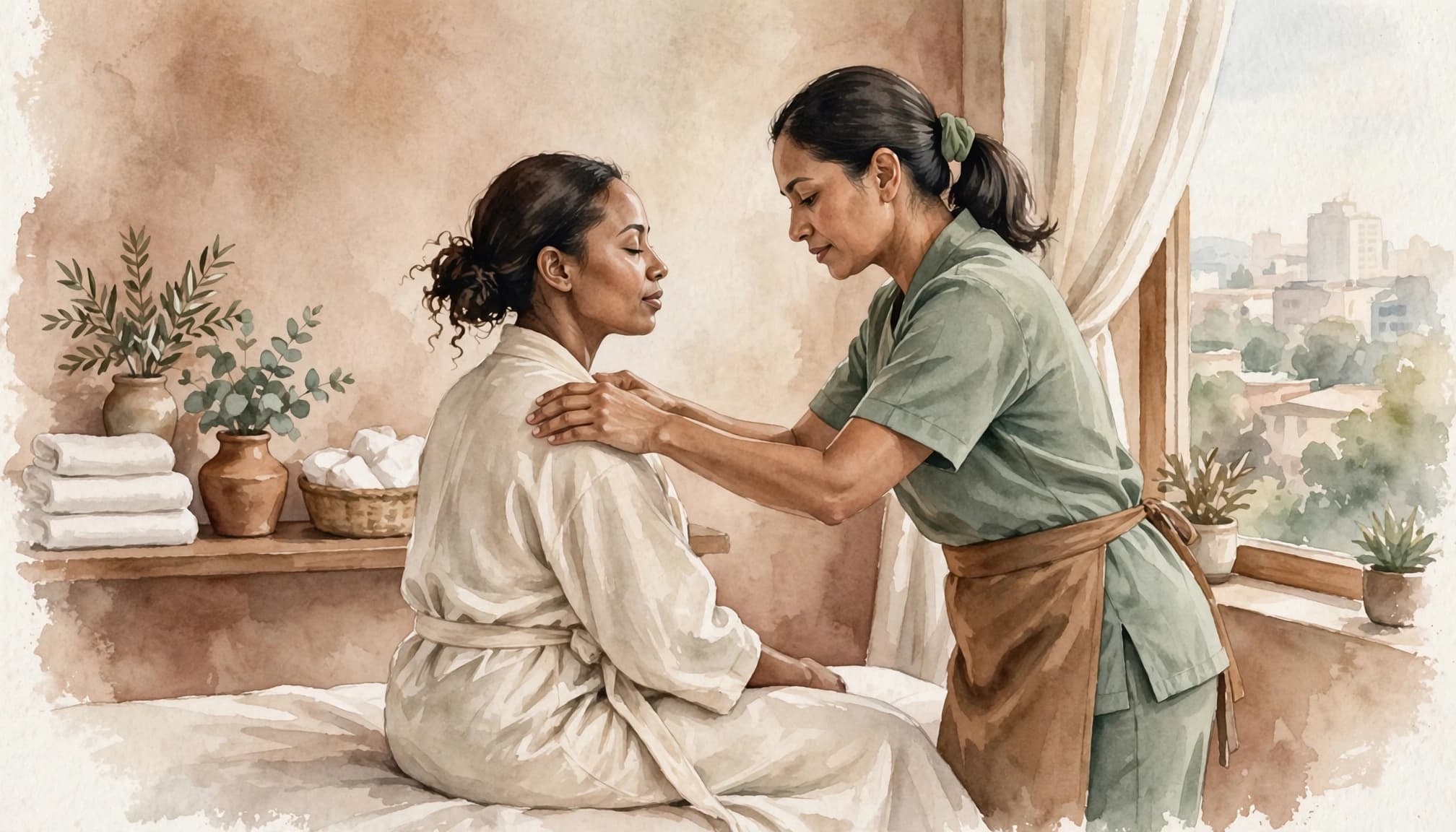 A woman receives a shoulder massage from a therapist in a softly lit Nairobi spa room.