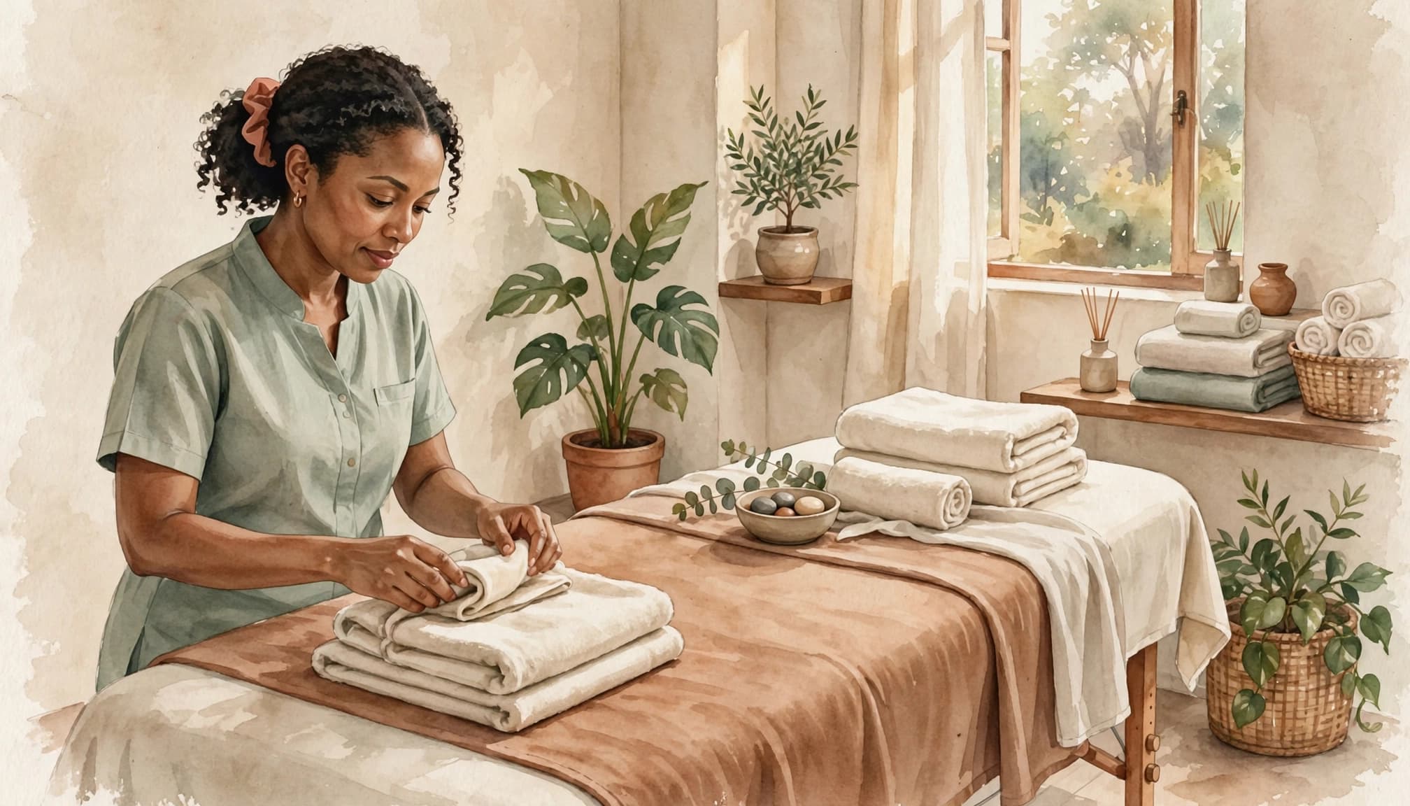 Female Escorts Kilimani: Safer Massage Choices in Nairobi 2 A massage therapist prepares towels beside a massage table in a calm spa.
